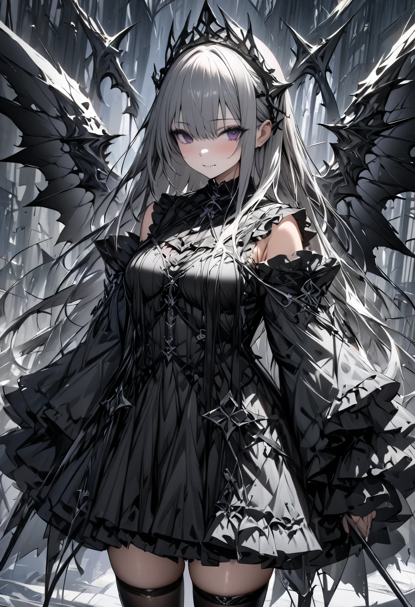 long-haired girl，Wearing a long black lace dress，Shoulders exposed,  grin smile，(((((unholy)))))，red color eyeystical ambiance)))，(((Dark style)))