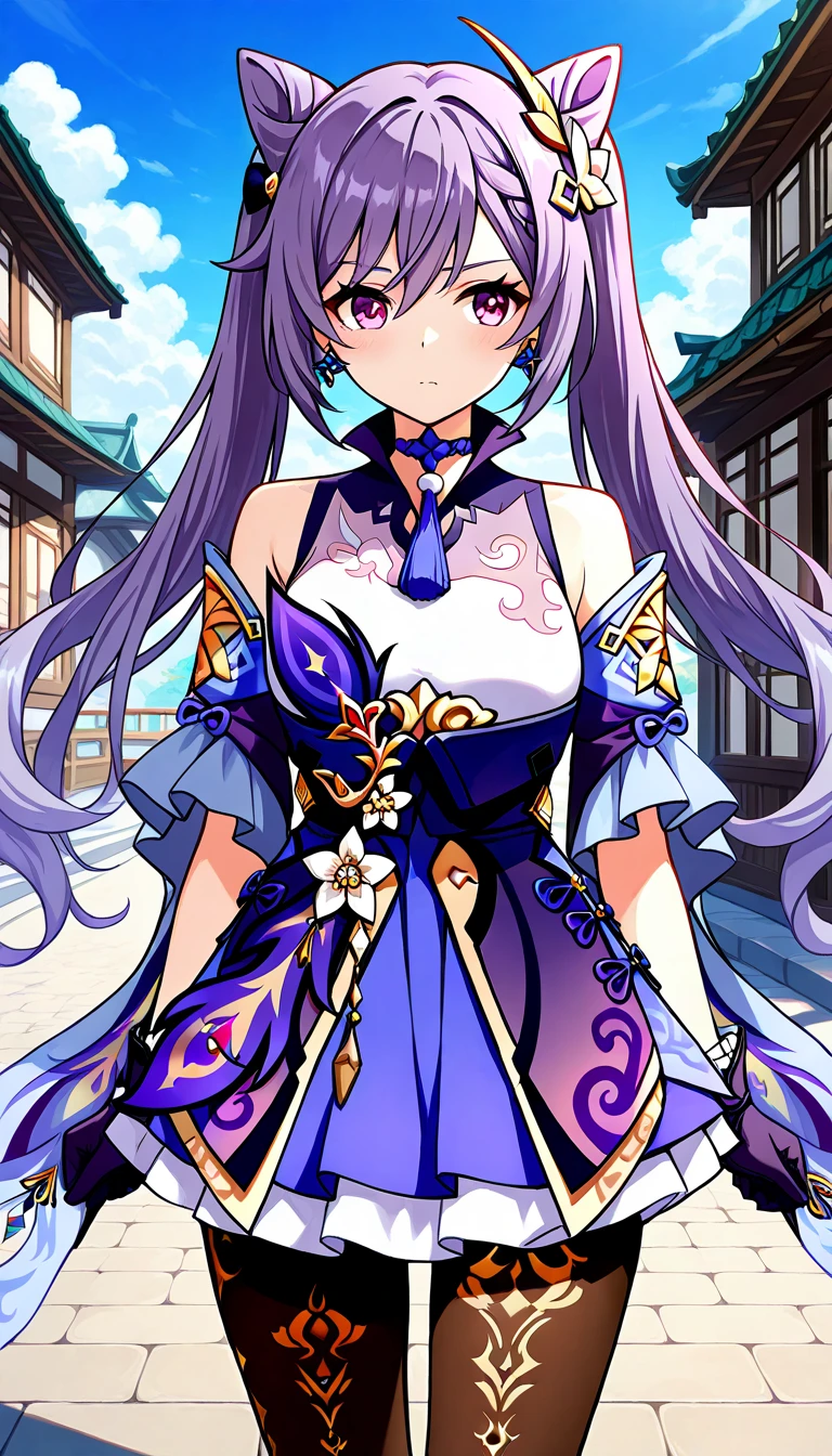 Genshin Impact_Keqing,( Masterpiece :1.2), ハイパー Details,  top quality, ( complicated_ Details:1.1),美しい Details,Beautiful Hair,Keqing, Keqing,  braided , cone Hair Bun, Hair Bun,  hair ornament,  long hair,   purple eyes , Purple Hair,Bare shoulders,  black pantyhose, Detachable sleeves,  dress,  gloves,Outdoor