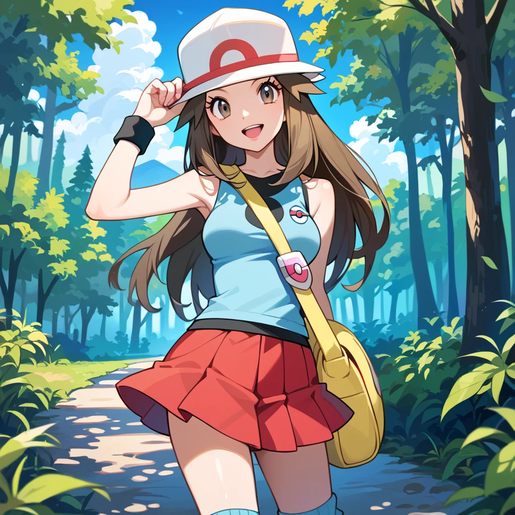 score_9, score_8_up, score_7_up, score_6_up, best quality, source_anime, cel shading, flat color, vector, detailed background, blue background, clouds, trees, forest, BREAK 1girl, solo, leaf_(\pokemon\), brown hair, long hair, brown eyes, white hat, blue sleeveless shirt, red skirt, blue socks, yellow duffle bag, wristbands, medium breasts, cowboy shot, looking at viewer, smile, open mouth, teeth, one hand on hat, 