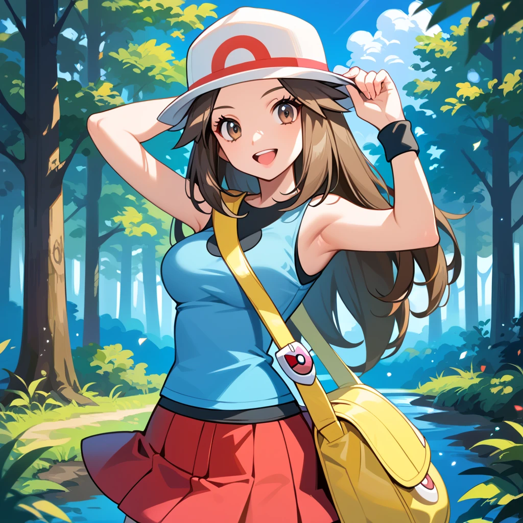 score_9, score_8_up, score_7_up, score_6_up, best quality, source_anime, cel shading, flat color, vector, detailed background, blue background, clouds, trees, forest, BREAK 1girl, solo, leaf_(\pokemon\), brown hair, long hair, brown eyes, white hat, blue sleeveless shirt, red skirt, blue socks, yellow duffle bag, wristbands, medium breasts, cowboy shot, looking at viewer, smile, open mouth, teeth, one hand on hat, 