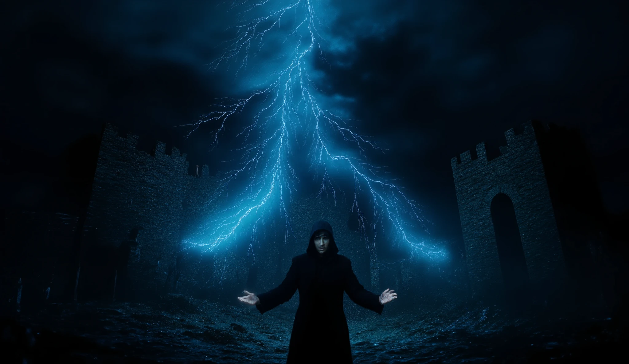 ((masterpiece)) ((photography)) ((Highest quality))  A dark wizard in a black suit with a hood, standing tall as blue electric lightning crackles from his outstretched hands. His face is partially hidden beneath the hood, but his intense eyes glow with malice. The storm of energy swirls around his hands, lighting up the dark surroundings. The background features a towering castle wall, with ancient stones casting shadows in the dim light. The wizard's powerful stance and the bright blue lightning contrast against the dark, eerie atmosphere, creating a scene full of danger and arcane power.