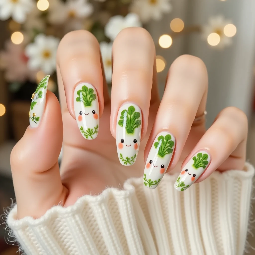 A very nice looking hand ，Nail Art ,(cute Japanese  white radish character,it has leaves ) ,drawn on nails