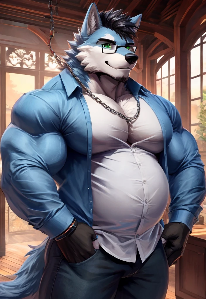 ((best quality)), ((masterpiece)), (Ultra detailed), ((4k)) , Solo , Anthro Wolf , Light Blue Fur , Black Short Hair , Beard , Handsone , Middle Ages , Muscle Big Pecs , Headphone , Tuxedo , Black Jean , Smirk , Stand Alone , Hold Iris Flower