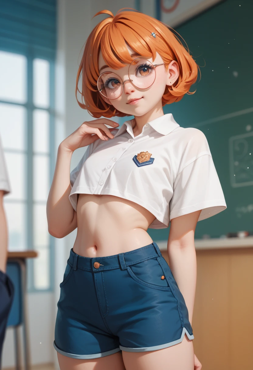 little  boy, cute, round face, orange hair, wear round glasses , Cropped waist shirt show navel, wear short pants up to thigh, school yard background at noon light