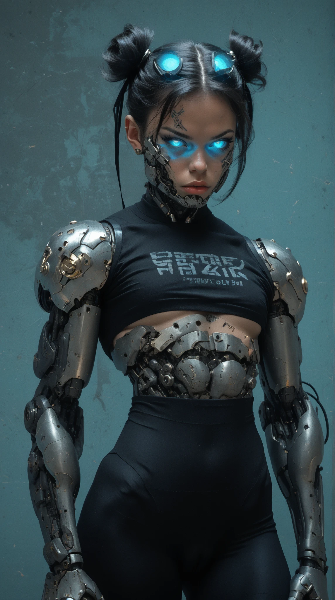 (nsfw:1), (Uncensored:1), score_9, score_8_up, score_7_up, (close up Shot:1.5), (1 girl), (Cyborg Chun-Li), beautiful teenage (skinny) muscular Asian cyborg girl,  (mechanical Cyborg arms:1.45), (mechanical Cyborg torso:1.25), (mechanical Cyborg legs:1.25), (mechanical Cyborg jaw:1.25), (blue glowing eyes:1.25), (black sclera:1.25), (beautiful face:1.25), (flat chest:1.25), (blue glowing hair:1.25), metallic, circuits, cables, bimbo lips, 2buns, high res, standing, hand band, hand on hip, looking to the side, leggings, camel-toe, tight clothes, blue clothes, under-boob, gothic neon style, cyber punk style, super realistic image, arm0rpunkv4