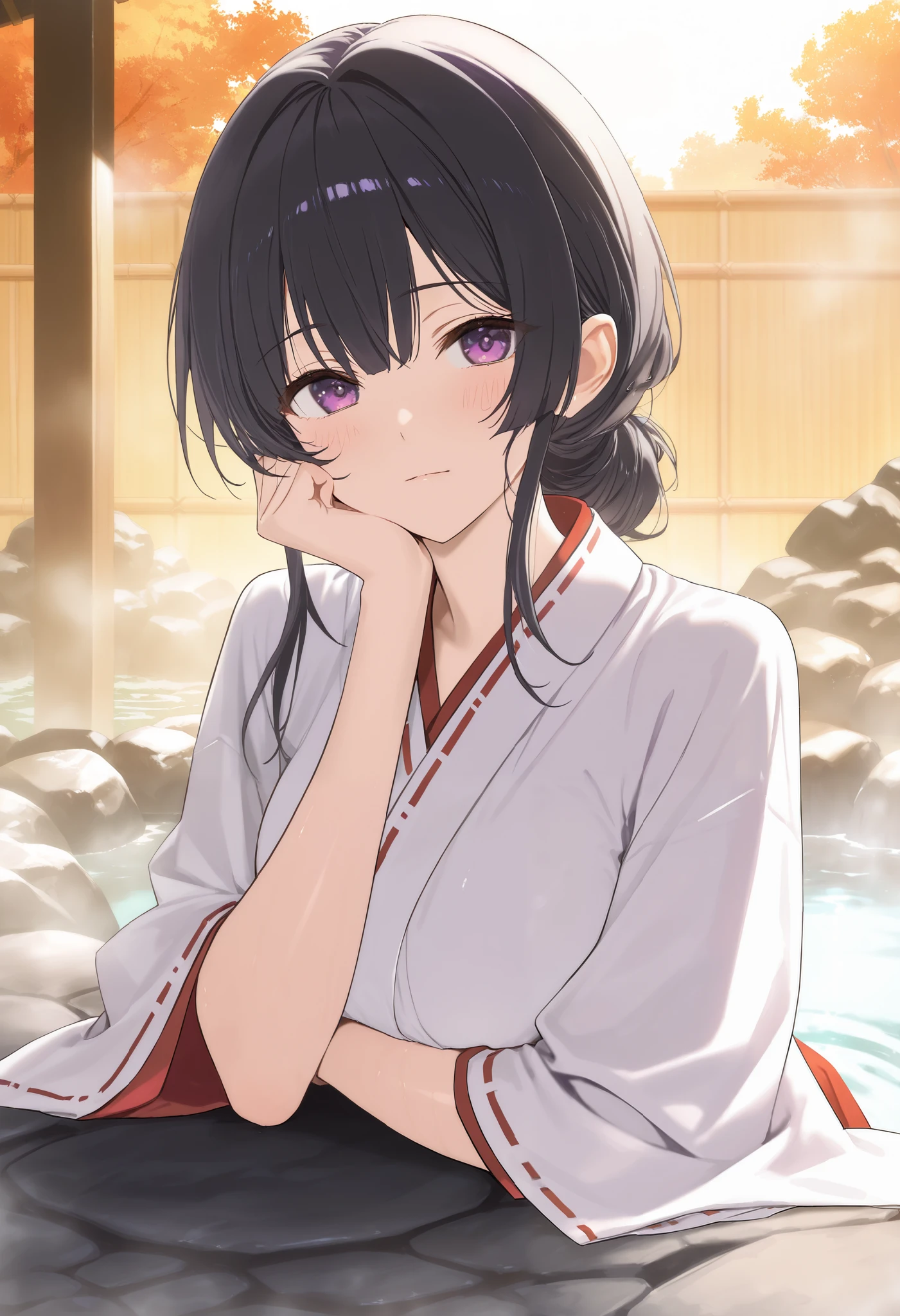 masterpiece, best quality, game cg, absurdres, newest, 1girl,miko,black hair,purple eyes,general,onsen,1girl,solo,