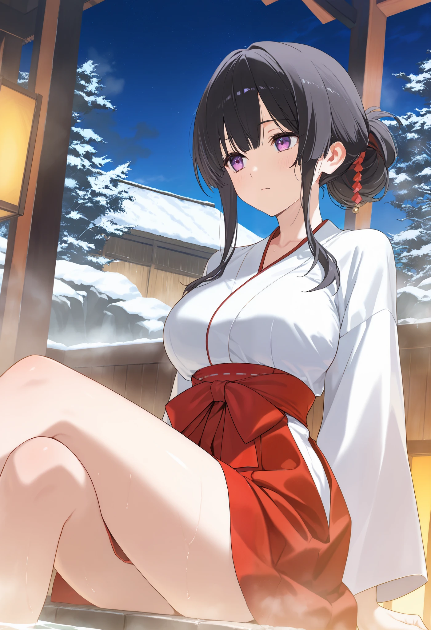 masterpiece, best quality, game cg, absurdres, newest, 1girl,miko,black hair,purple eyes,general,onsen,1girl,solo,