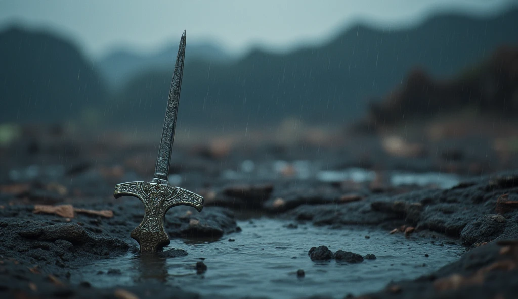 ((masterpiece)) ((photography)) ((Highest quality))  A close-up view of a beautifully crafted sword partially embedded in a rain-soaked ground. The sword features intricate detailing on its hilt, adorned with ornate patterns and a vintage appearance. Raindrops fall gently around it, creating ripples in the puddles. The background hints at a misty, desolate landscape, with sparse, blurred foliage and a muted color palette. The atmosphere conveys a sense of mystery and adventure, capturing a moment of stillness in an otherwise dynamic scene.