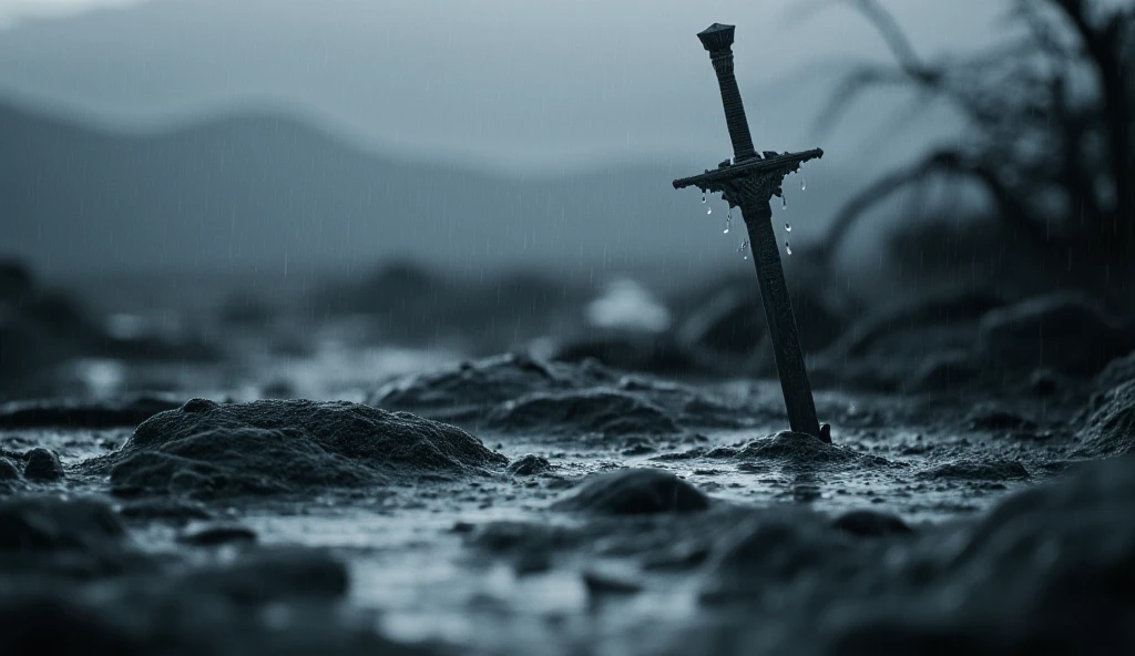 ((masterpiece)) ((photography)) ((Highest quality))  A close-up view of a beautifully long big crafted sword partially embedded in a rain-soaked ground. The sword features intricate detailing on its hilt, adorned with ornate patterns and a vintage appearance. Raindrops fall gently around it, creating ripples in the puddles. The background hints at a misty, desolate landscape, with sparse, blurred foliage and a muted color palette. The atmosphere conveys a sense of mystery and adventure, capturing a moment of stillness in an otherwise dynamic scene.