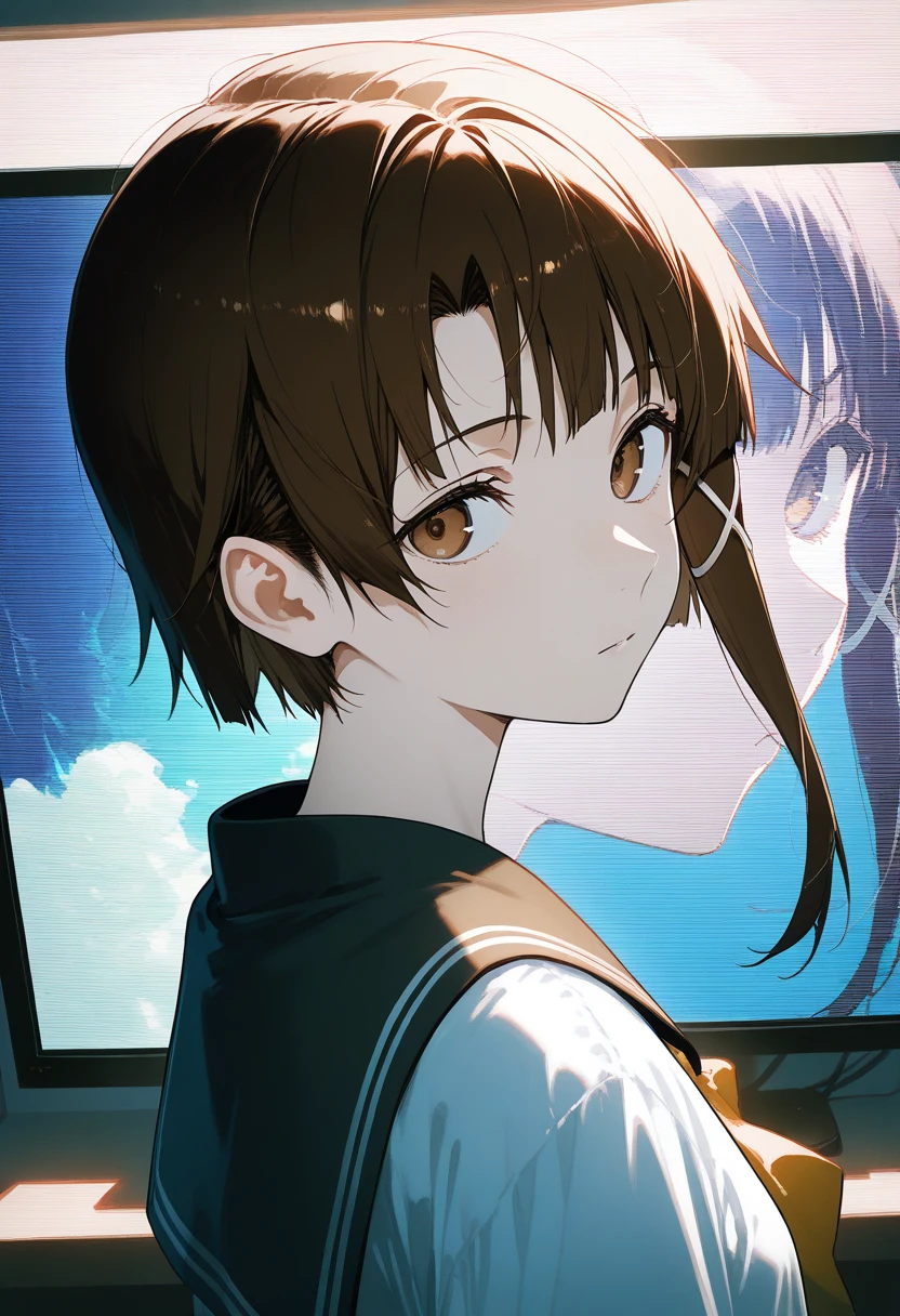 1girl,solo,iwakura lain,brown eyes,asymmetrical hair,x hair ornament, looking back, sailor collar, multiple screen,on-screen character, backlighting,distortion,scanlines, wide shot,from side,from behind, masterpiece,best quality,newest,