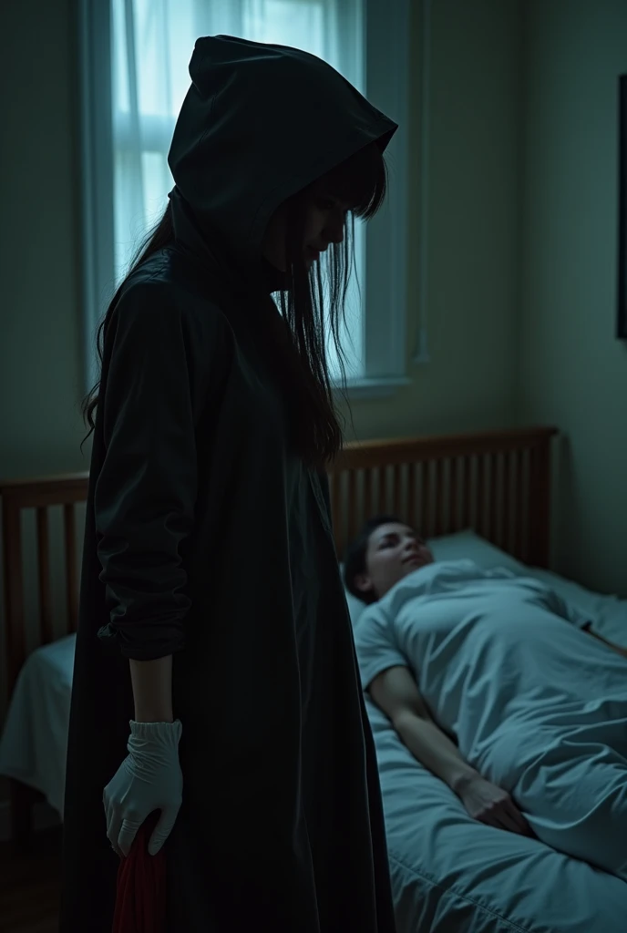 korean girl, (behind stiff, holding knife), stabbing, black surgical mask, black leather gloves, bed room, black raincoat, girl only, hood up, wave hair, holding knife, leather gloves, woman on top, behind cadaver, looking at viewer, blood splatter, white room, night, by the window mass murderer, killer, blood splatter, tripod and camera in the back, shooting with camera
