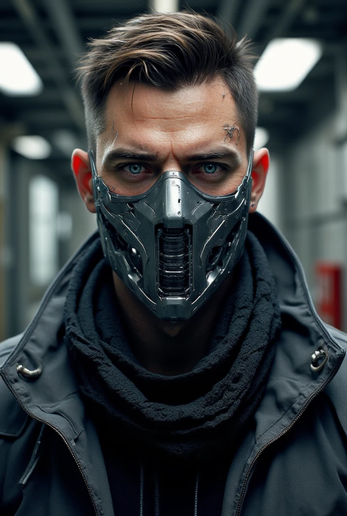 european male,futuristic hitech mask that cover his face,dark grey futuristic jacket,black shirt