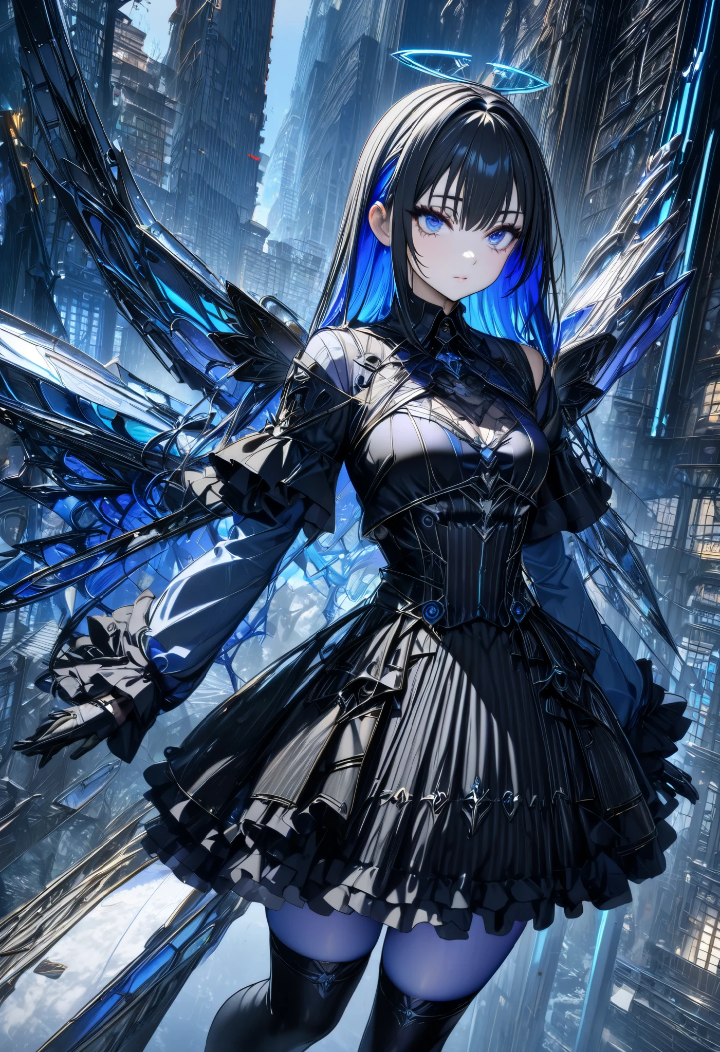 (masterpiece, top quality:1.2,超 high definition , detailed description 、 high detail、correct、  high definition )、 adult woman、Black hair with blue inner color、Machine Angel、Exposing Gothic Lolita Clothes 、Black knee-highs、Mechanical Wings、(((Photograph the whole body)))、Panoramic cityscape