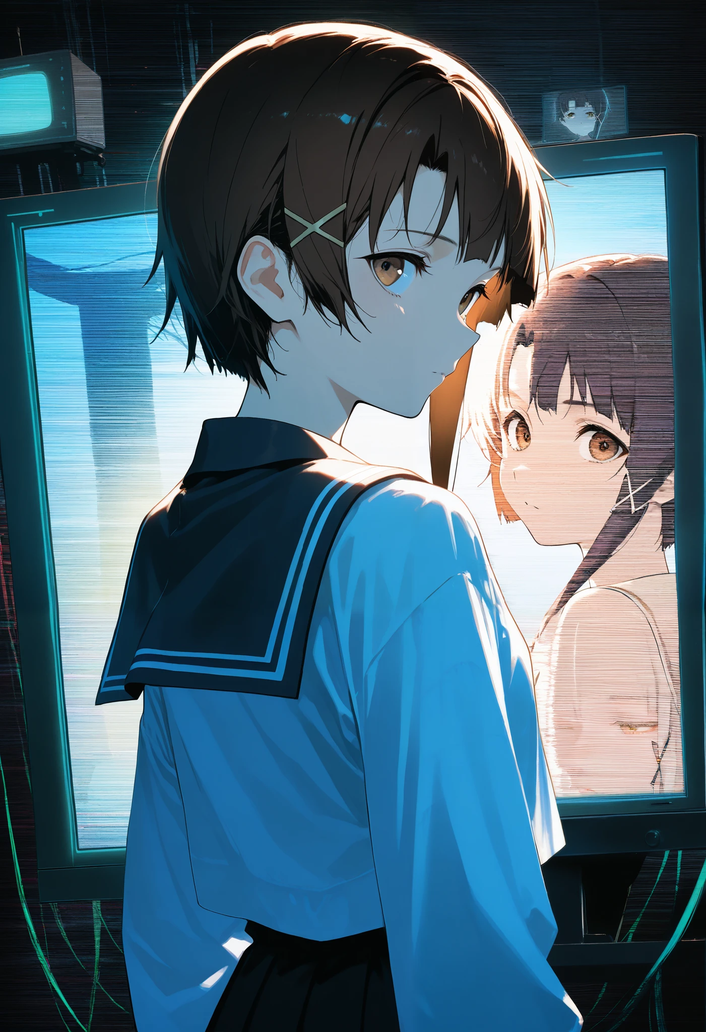 1girl,solo,iwakura lain,brown eyes,asymmetrical hair,x hair ornament, looking back, sailor collar, multiple screen,on-screen character, backlighting,distortion,scanlines, wide shot,from side,from behind, masterpiece,best quality,newest,