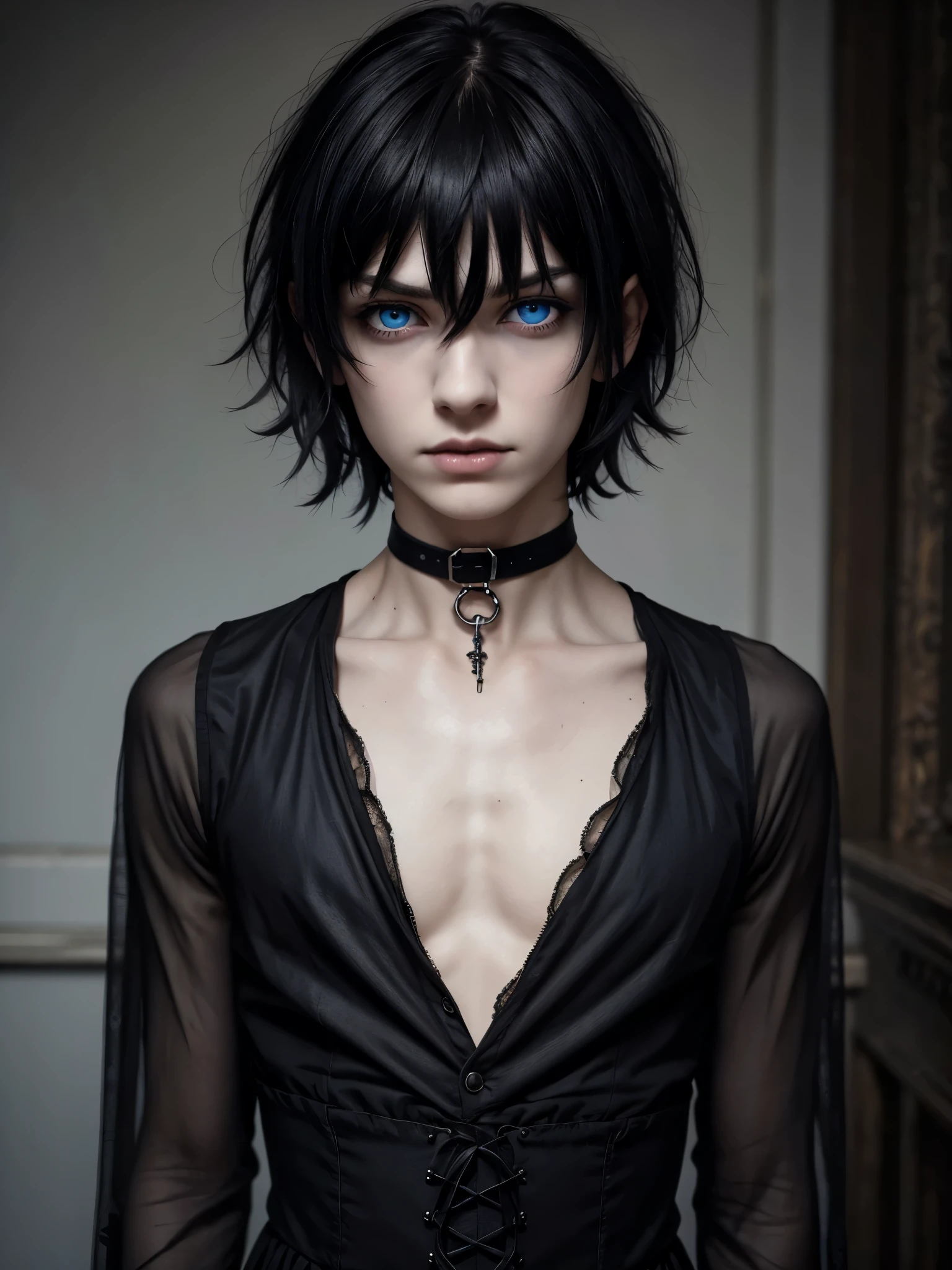 (best quality), 1boy, male, pale skin, black hair, short hair, tousled hair, messy bangs, bangs over eyes, blue eyes, perfect eyes, dark circles under eyes, frown, (gothic clothes), attractive, goth boy, skinny body, masterpiece, anatomically correct, highres
