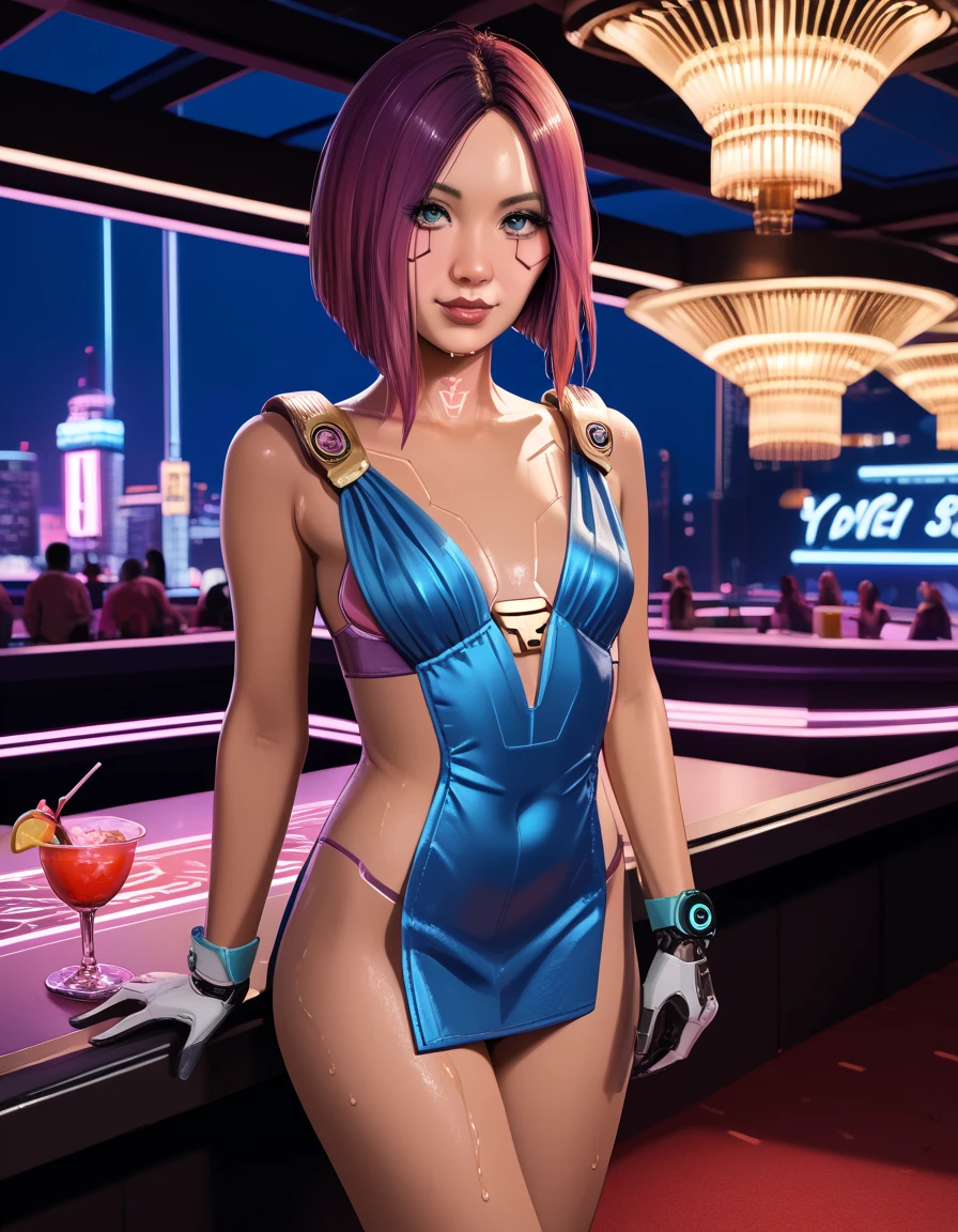 POV NSFW renders of songbird. fancy gold short dress, shapely legs,, , ,  ,cyberware ., anime, female , , ,,Songbird,,, thighs,, , , (pixel sketcher:1.4),, masterpiece,   ,pale skin, detailed Bonifasko lighting, [crepuscular ray], best details, purple shorter hair,, real life,, , depth of field, detailed background], cyberpunk high society cocktail party, casino, city at night , fog,female focus, wet, ,skinny, ,pubic hair, hdark lighting, , solo, dirty textures, glowsticks flashing, . , female focus,, ,,  1girl, , .,female, (Songbird cyberpunk 2077 ), (Songbird:1.2), seductive gaze, femme, , ,,small breasts, ,breast sag , clear details, (, realistic textures, , gloves, , 1girl, one girl, 1girl,jiggle, , delicious shading, life-like rendering, cybernetics, back cybernetics, 
