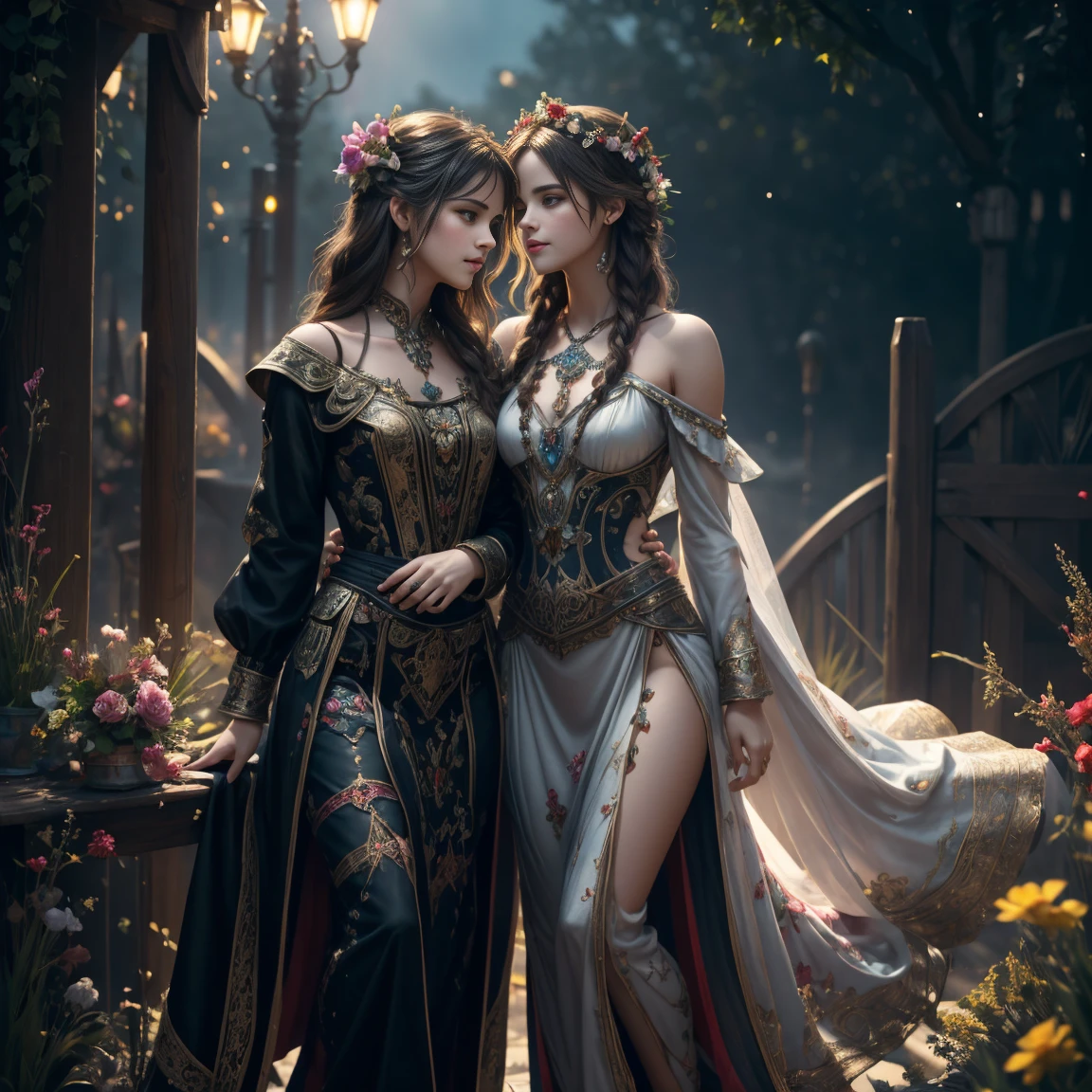 (high quality, ArtStation, fantasy art:1.2), (A beautiful thin girl sitting), (long messy red hair), (black ornate kimono, navel, bare shoulders), (lush roses garden)