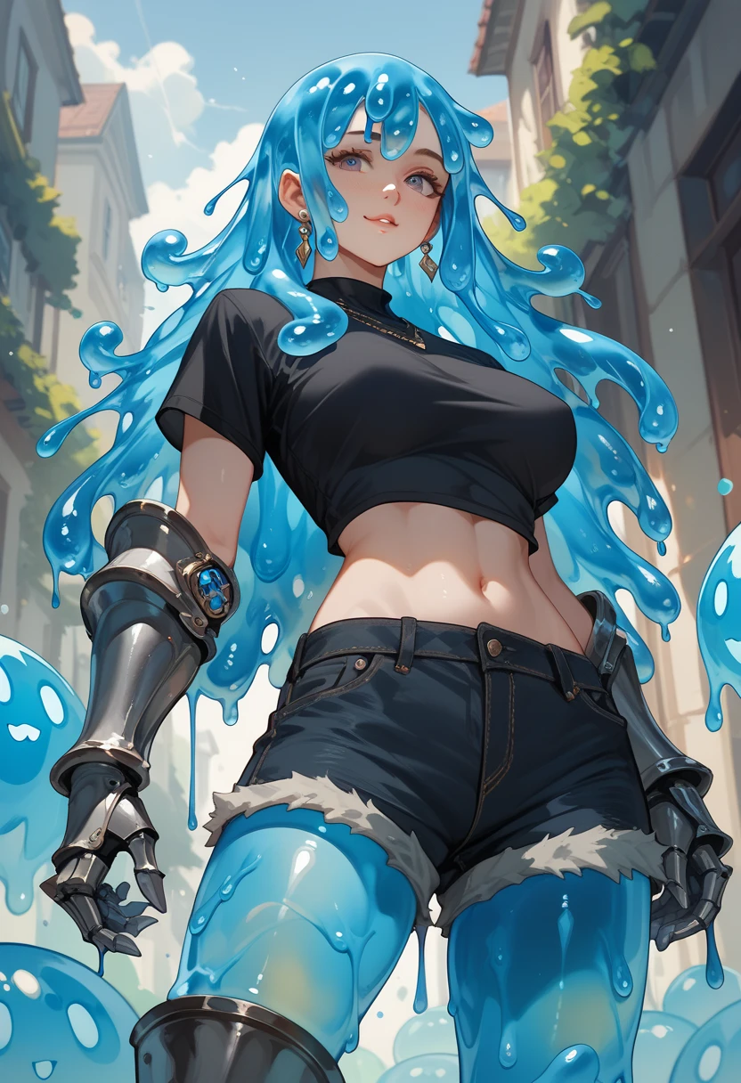 blue slime girl wearing a black shirt and blask shorts, well built, wearing metal gauntlets and metal greaves, slime body.