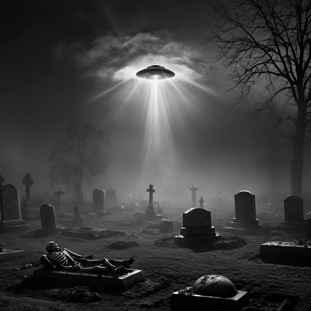 ((A dramatic scene in a foggy cemetery at night:1.4)), ((multiple skeletons emerging from graves:1.5)), ((skeletal arms breaking through the dirt:1.4)), ((a glowing UFO hovering in the sky, casting light beams on the graves:1.4)), ((tombstones and dead trees in the background:1.3)). The skeletons are posed theatrically, as if reaching for the UFOs. The scene is inspired by Ed Wood's "Plan 9 from Outer Space," with exaggerated contrasts, retro 1950s aesthetics, and a low-budget sci-fi horror style. The atmosphere is surreal and haunting. 