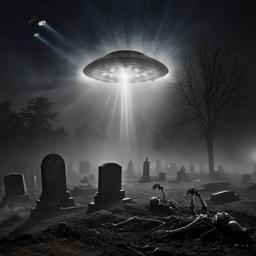 ((A dramatic scene in a foggy cemetery at night:1.4)), ((multiple skeletons emerging from graves:1.5)), ((skeletal arms breaking through the dirt:1.4)), ((a glowing UFO hovering in the sky, casting light beams on the graves:1.4)), ((tombstones and dead trees in the background:1.3)). The skeletons are posed theatrically, as if reaching for the UFOs. The scene is inspired by Ed Wood's "Plan 9 from Outer Space," with exaggerated contrasts, retro 1950s aesthetics, and a low-budget sci-fi horror style. The atmosphere is surreal and haunting. 