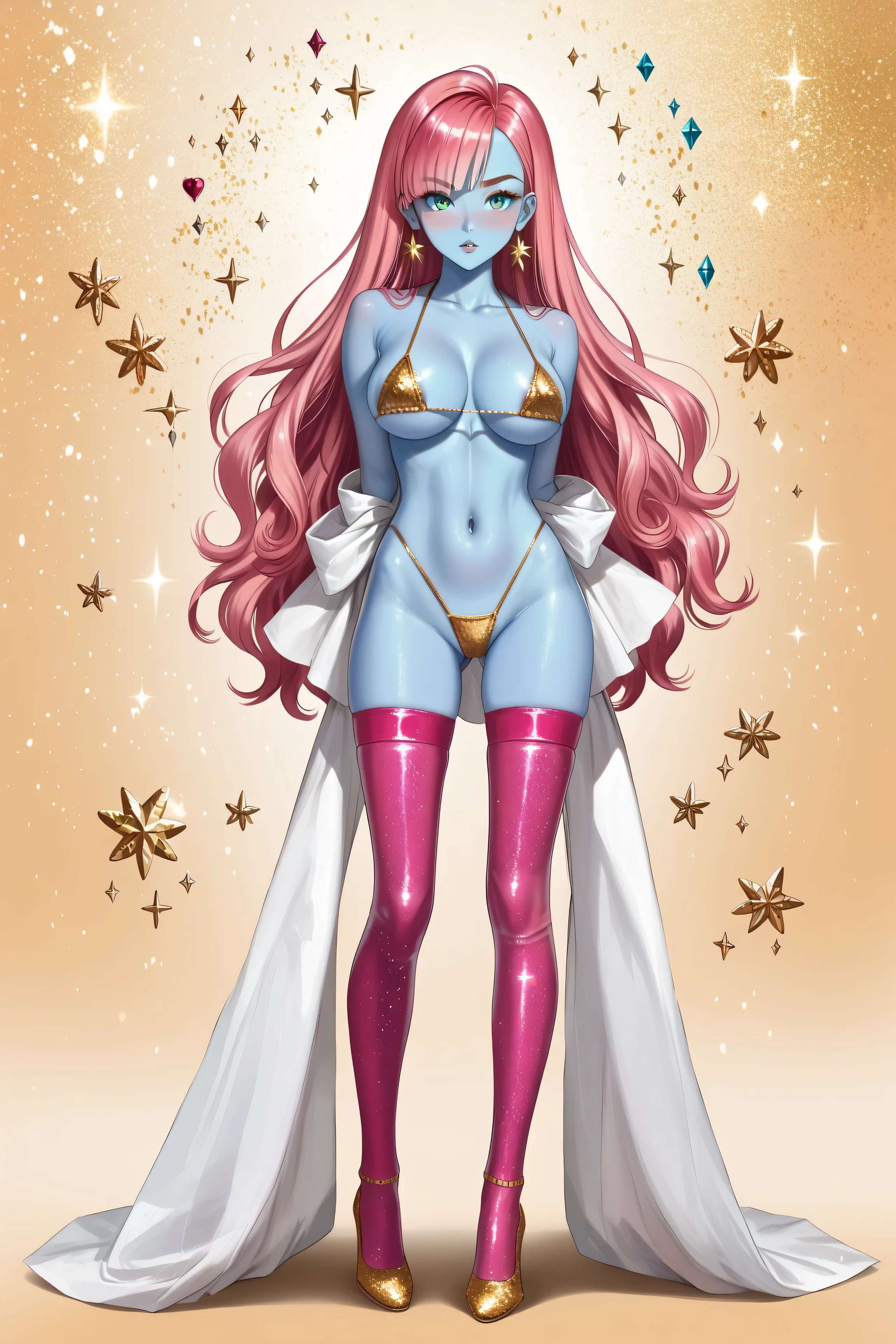 (masterpiece, best quality:1.2), cowboy shot, (solo), (1girl):1.5, glasses, long fluffy pink hair, hair blowing, gorgeous body, wide hips, slight smile, ((very sexy and transparent (clear nigthdress)) with exposed navel), musculous belly, gorgeous huge breasts, ((pink breasts niples) under very transparent clear clothes), (cameltoe)