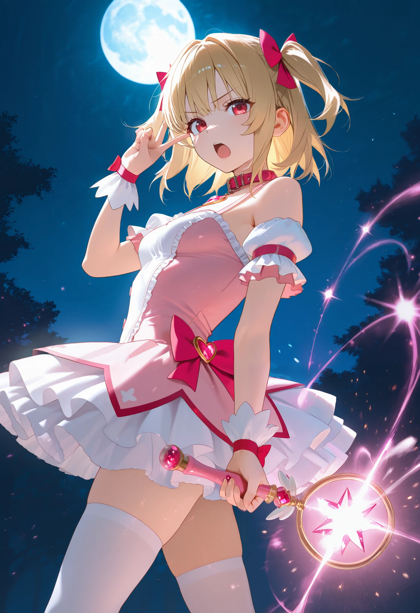 1girl,  blonde hair, two side up, red eyes, hair bow, magical girl, pink collar, pink and white dress, white thighhighs, peace sign, serious, open mouth, holding magic wand, pink sparkles, magic, night sky, moon, dynamic pose, from side, masterpiece, best quality, amazing quality, very aesthetic, absurdres, newest, scenery, dim lighting, intricate details, highly detailed, light leaks, beautiful detailed glow, best shadow, cinematic lighting, ray tracing, sidelight