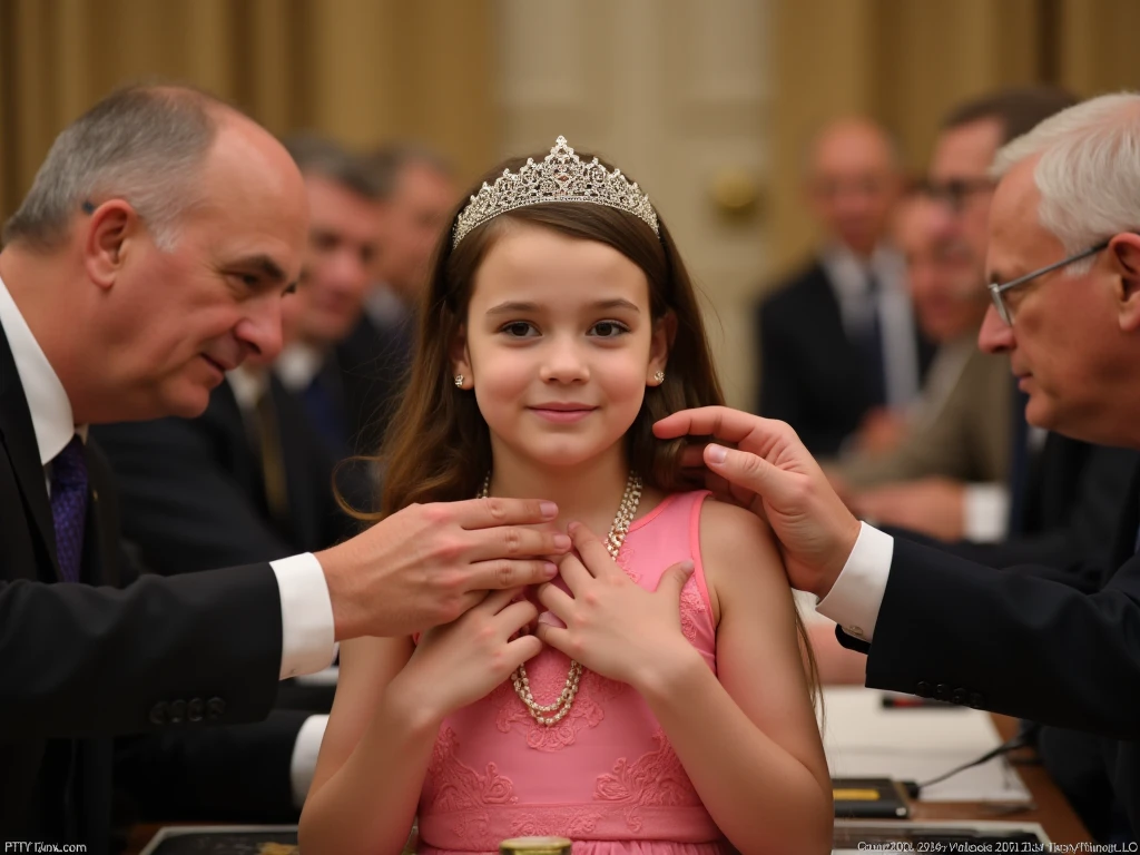 The seven-year-old princess ( girl) organizes a political ceremony in which she is required to have sex with ten men at the same time who are the prime ministers of other nations. The little princess is very embarrassed but tries to maintain her royal dignity (in the background you can see old men touching their dicks)