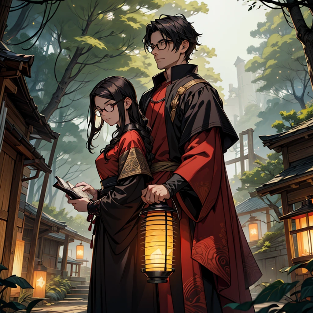 A woman with wavy brown hair, a man with black hair wearing glasses and farmer's clothes,A tall black haired woman, wearing black clothes with some red details, they are all holding lanterns, the place is a dark pine forest, anime/ mangá, Fantasy book style, more medieval clothes and technological lanterns, the lanterns are magical 