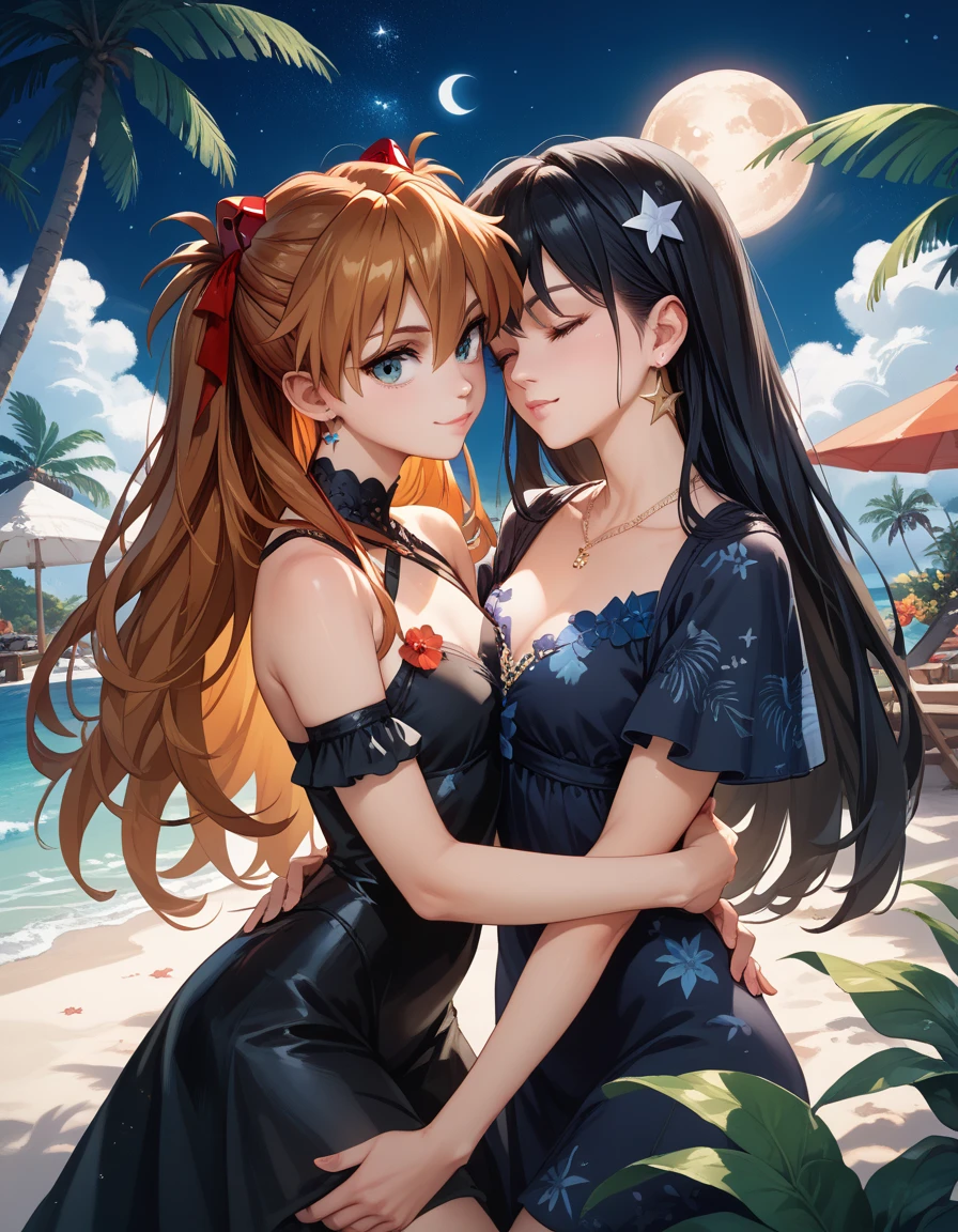 absurdres, highres, ultra detailed, HDR, master piece, best quality, Nico Robin, black hair, expressive blue eyes, One Piece, Nami, orange hair, expressive brown eyes, two beautiful women together, pretty, red dress, black dress, pink blossoms, pink flowers, water, pink butterflies
