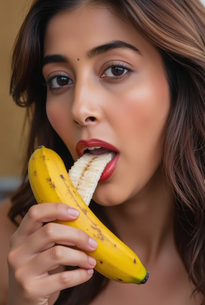 A woman eating a large banana, banana inside the moth, open mouth detailed facial features, beautiful eyes, lush lips, photorealistic, high resolution, 8k, hyperdetailed, studio lighting, dramatic chiaroscuro, cinematic, moody lighting, dramatic shadows, rich colors, vibrant, oil painting, masterpiece, intricate details, hyperrealistic