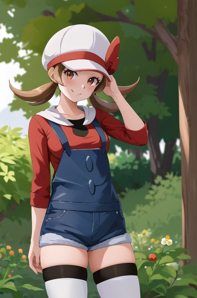 masterpiece, best quality, highres, ly01, overalls, white thighhighs, red bow, red shirt, white headwear, hat bow, eyelashes, cowboy shot, outdoors, smile, holding poke ball, poke ball,looking at standing viewer sexy