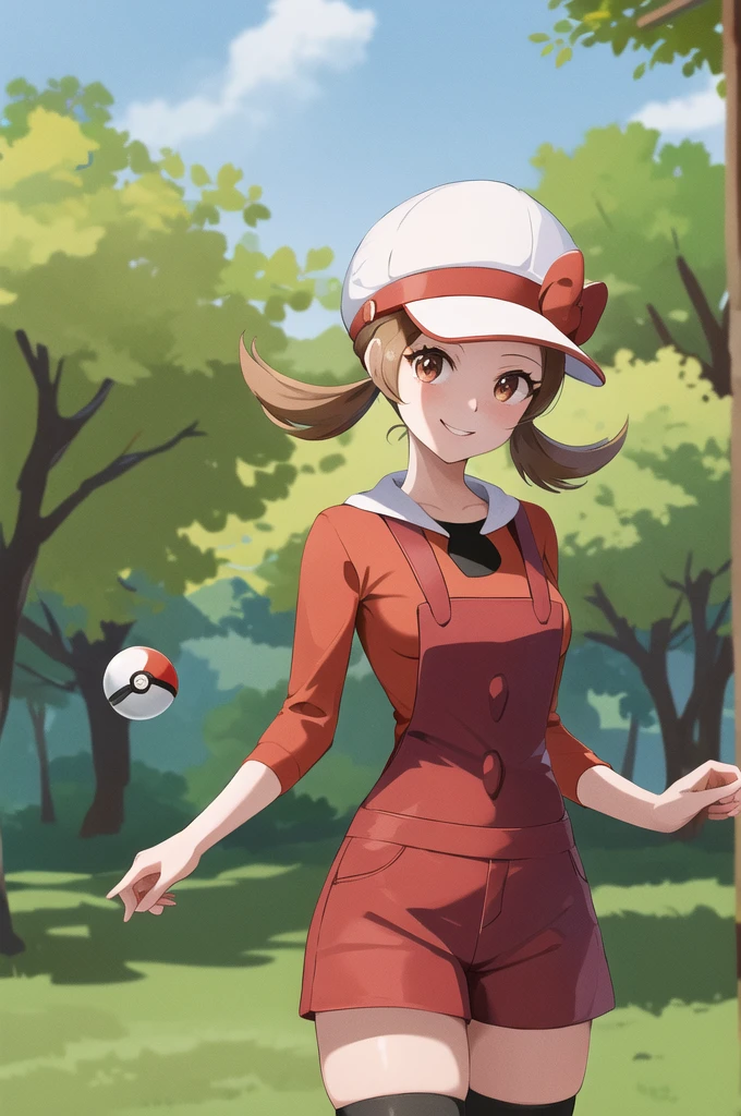 masterpiece, best quality, highres, ly01, overalls, white thighhighs, red bow, red shirt, white headwear, hat bow, eyelashes, cowboy shot, outdoors, smile, holding poke ball, poke ball,looking at standing viewer sexy