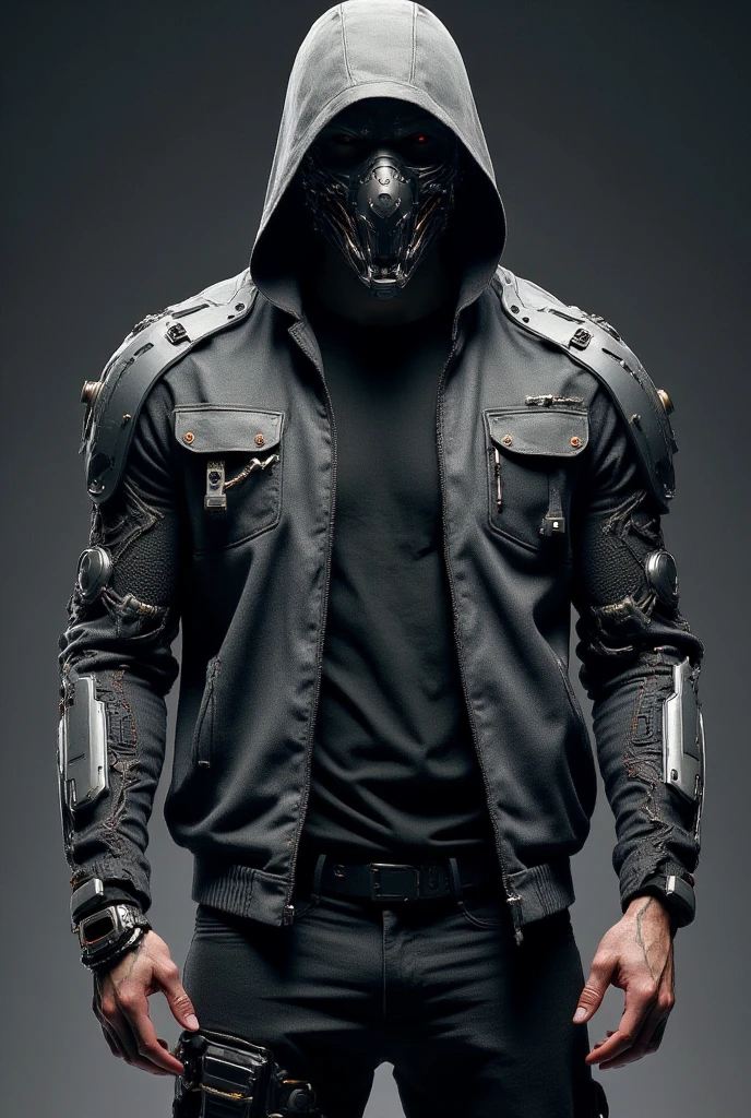 european male,futuristic hitech mask that cover his mouth and nose,dark grey futuristic jacket,black shirt,black cargo pants