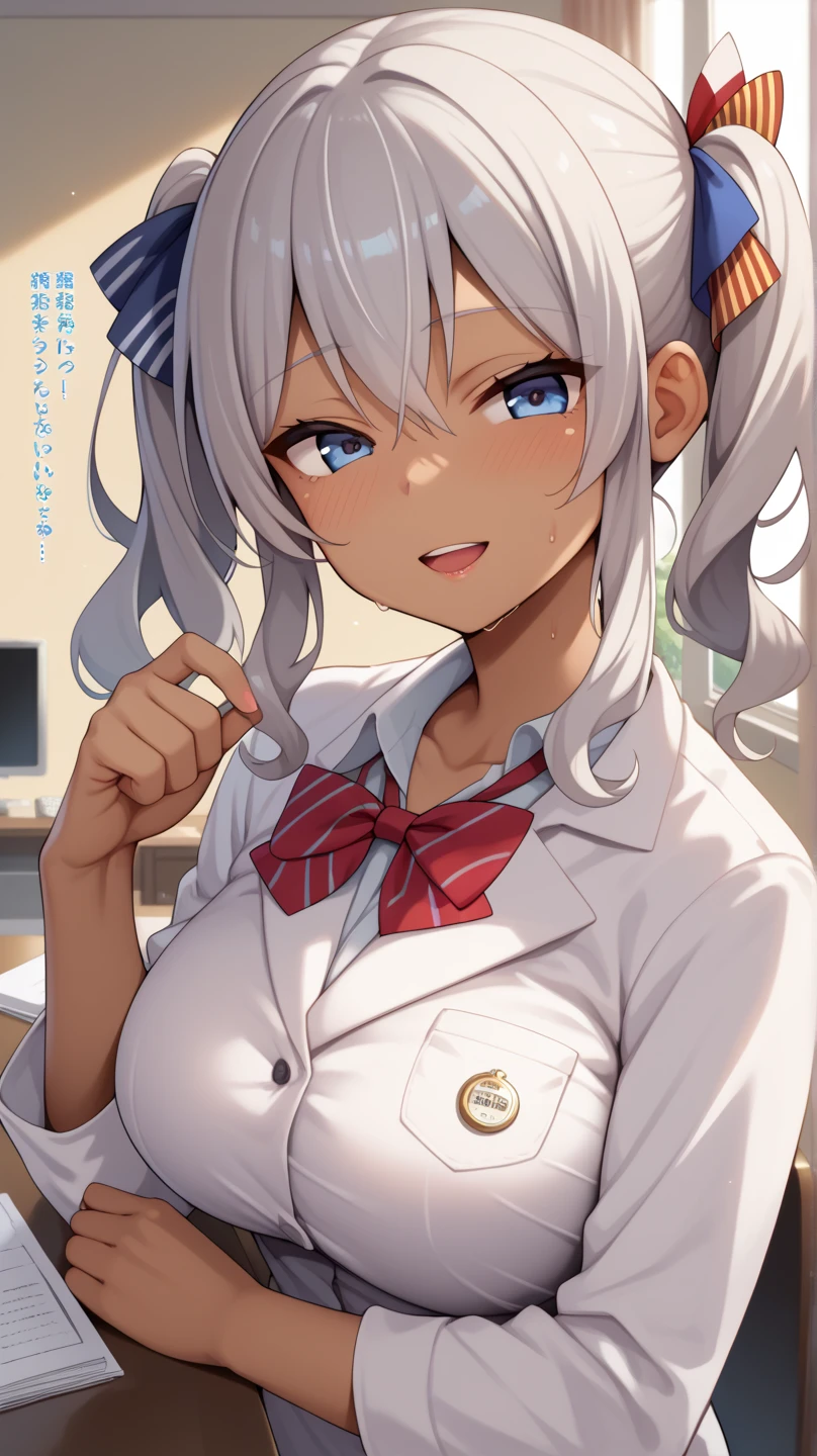        score_9,        score_8_up,        score_7_up,        score_6_up,        score_5_up,        score_4_up,    source_Anime, tag1,    tag2,   最      High Quality     ,         High Quality   ,         Details,   （（  Kashima 1     :5））  , 8k,  super high definition  , soft saturation,   professional quality ,   perfect contrast   ,   completion,   big breasted women, Color Page, Sweaty face,  Angie Glock , {{kissu,  tan skin color ,   Japanese text kanji , Teasing, purity, plot, mother,  her hair is white , 