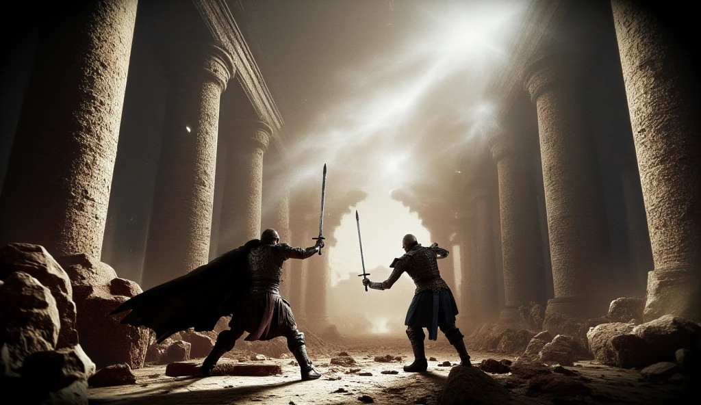 ((masterpiece)) ((photography)) ((Highest quality))  A dramatic sword fight scene set in an ancient, crumbling temple. Two armored warriors, dressed in dark medieval attire, engage in an intense duel, their swords clashing with sparks flying. The background features towering stone columns covered in dust, with debris swirling in the air, illuminated by soft, ethereal light streaming down from above. The atmosphere is tense and action-packed, evoking a sense of epic adventure and fantasy.