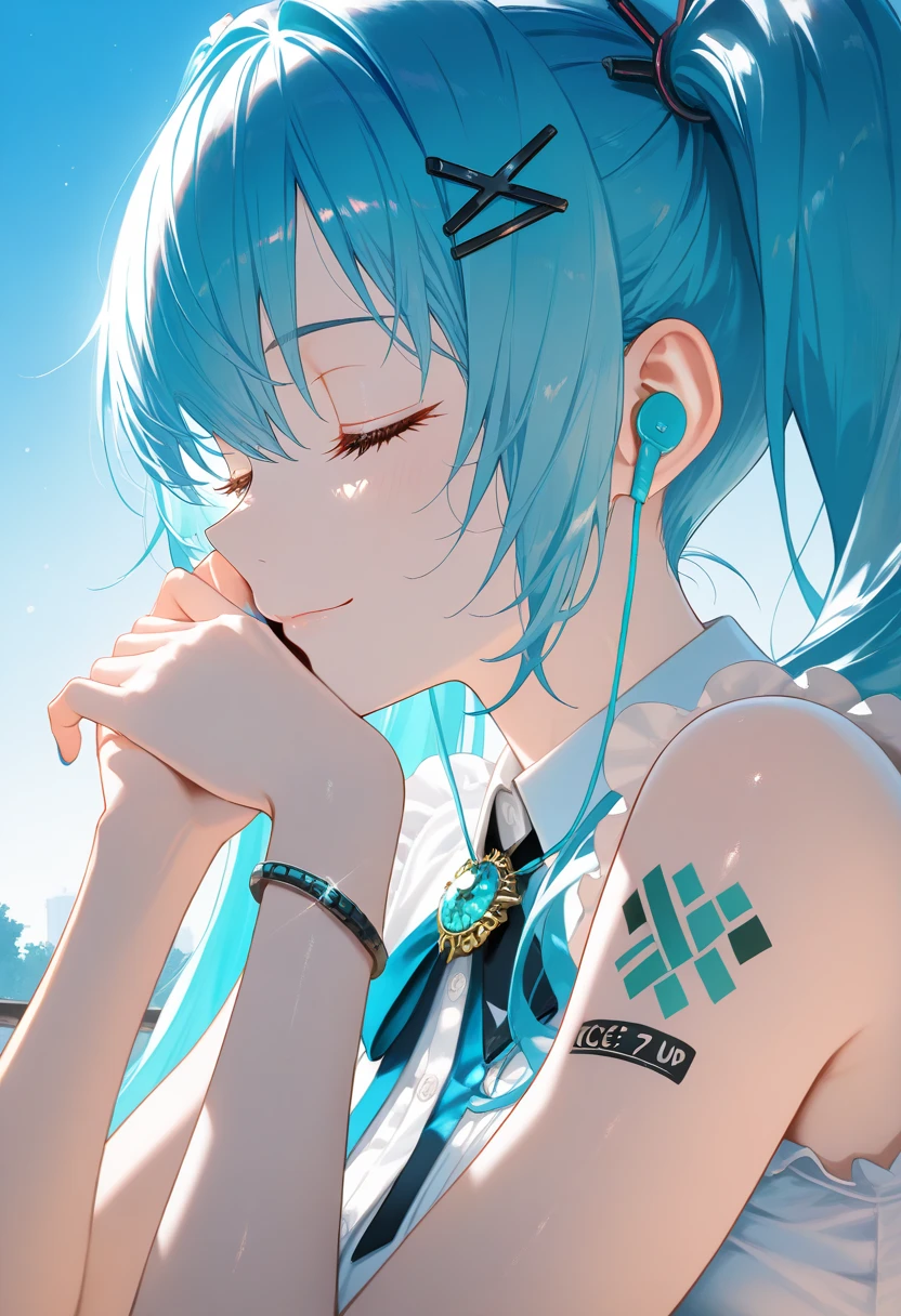 1girl, privaty (nikke), bare shoulders, blue hair, blue nails, blue sky, bracelet, brooch, close-up, closed eyes, closed mouth, day, earbuds, earphones, eyelashes, fingernails, frills, from side, glint, hair between eyes, hair ornament, hairclip, hand on own chin, hands up, head rest, jewelry, light particles, light smile, long eyelashes, long hair, neck ribbon, number tattoo, outdoors, product placement, profile, ribbon, shirt, shoulder tattoo, sky, sleeveless, sleeveless shirt, solo, sunlight, tattoo, twintails, upper body, web address, white ribbon, white shirt, wireless earphones, x hair ornament, masterpiece, best quality, amazing quality, very aesthetic, absurdres, newest, scenery, dim lighting, intricate details, highly detailed, light leaks, beautiful detailed glow, best shadow, cinematic lighting, ray tracing, sidelight