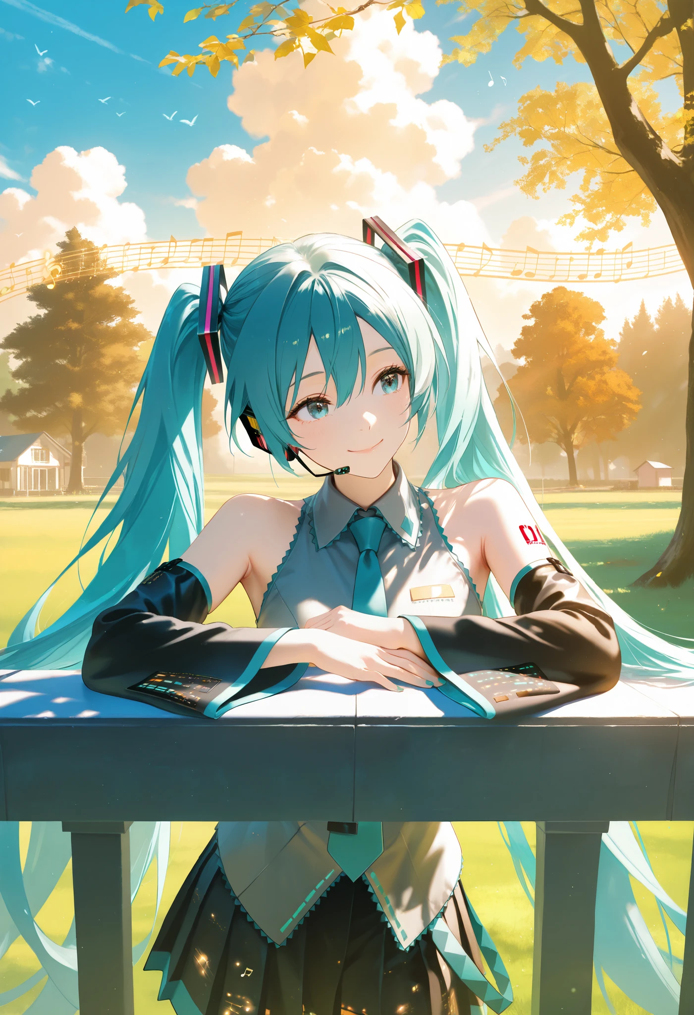 vocaloid, hatsune miku, 1girl, armpit crease, backlighting, bare shoulders, beamed eighth notes, black skirt, blue eyes, blue hair, blue sky, branch, building, closed mouth, cloud, cloudy sky, collared shirt, day, detached sleeves, dot nose, eyelashes, facing viewer, field, glitter, grass, grey shirt, hair between eyes, hand rest, happy, head tilt, headset, house, leaf, leaning to the side, light particles, long hair, looking afar, looking to the side, musical note, muted color, nature, outdoors, peeking out, pleated skirt, quarter note, realistic, round image, shirt, skirt, sky, sleeveless, sleeveless shirt, smile, solo, staff \(music\), tree, twintails, very long hair, masterpiece, best quality, amazing quality, very aesthetic, absurdres, newest, scenery, dim lighting, intricate details, highly detailed, light leaks, beautiful detailed glow, best shadow, cinematic lighting, ray tracing, sidelight