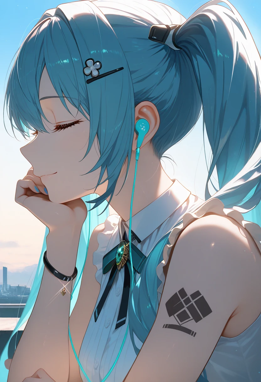 1girl, privaty (nikke), bare shoulders, blue hair, blue nails, blue sky, bracelet, brooch, close-up, closed eyes, closed mouth, day, earbuds, earphones, eyelashes, fingernails, frills, from side, glint, hair between eyes, hair ornament, hairclip, hand on own chin, hands up, head rest, jewelry, light particles, light smile, long eyelashes, long hair, neck ribbon, outdoors, profile, ribbon, shirt, sky, sleeveless, sleeveless shirt, solo, sunlight, tattoo, twintails, upper body, white ribbon, white shirt, wireless earphones, x hair ornament, masterpiece, best quality, amazing quality, very aesthetic, absurdres, newest, scenery, dim lighting, intricate details, highly detailed, light leaks, beautiful detailed glow, best shadow, cinematic lighting, ray tracing, sidelight