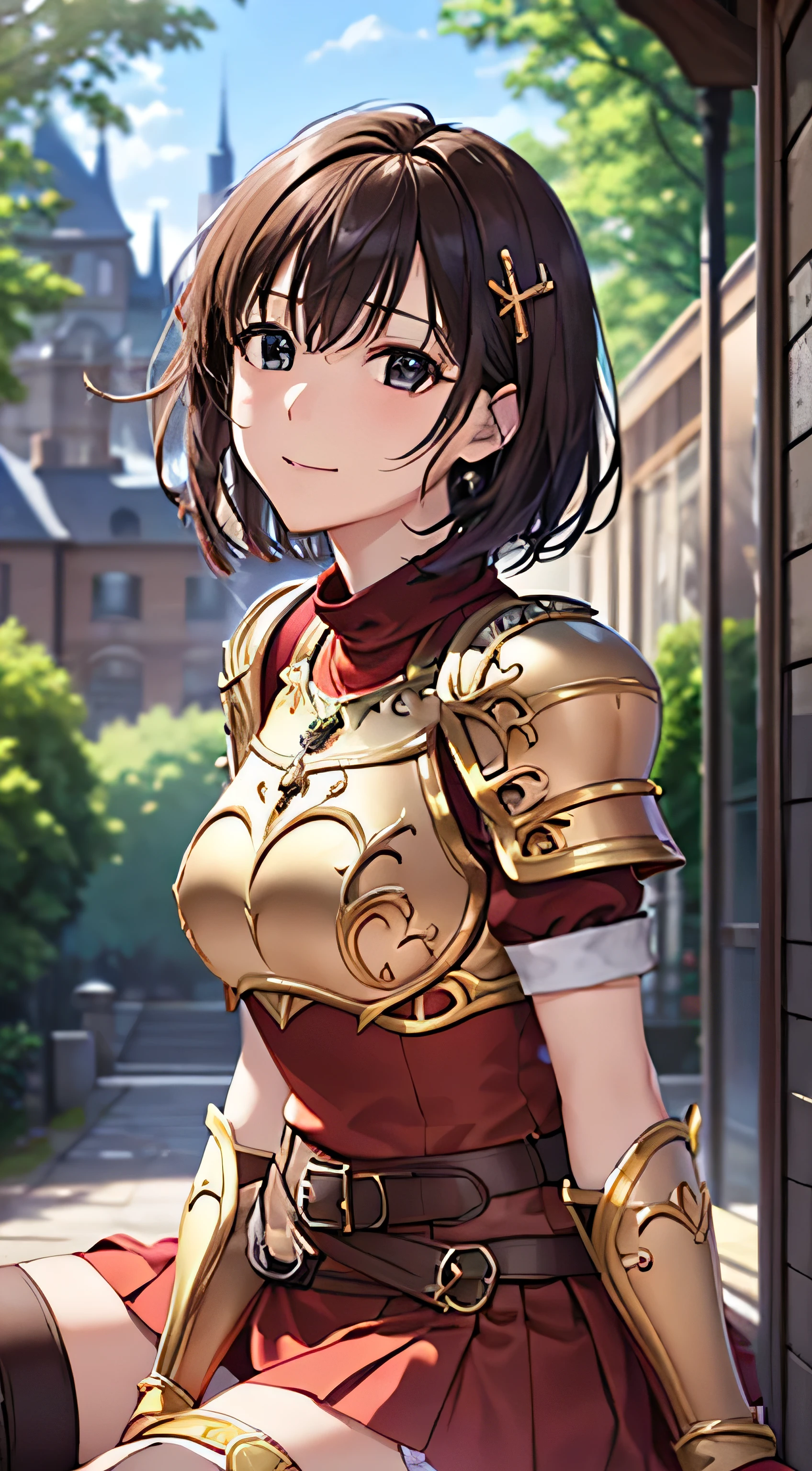 (( , top quality, , pixel perfect, 4K,))), 1 Woman , 、 (( short wave hair、 dark brown hair )), (( brown eyes , Beautiful eyelashes , realistic eyes)), (( detailed face , )), (( smooth texture:0.75, realistic texture:0.65, realistic :1.1, anime CG style)), pussy juice , dynamic angle , perfect body , (( , ,, Gold Shoulder Armor ,, Gold Breastplate, , Red Dress , red flared skirt , Knee High Boots ,Arm guard , belt)), Golden Hair Ornament 、 cross necklace 、 sexy pose to hide over there、 cute smile, 、、 style to flip the skirt 、 pink lace panties 、、、、、)、 Castle Inner Garden 、Looking up、 sit on the ground、 Looking Back、