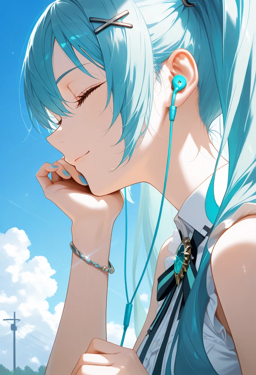 1girl, privaty (nikke), bare shoulders, blue hair, blue nails, blue sky, bracelet, brooch, close-up, closed eyes, closed mouth, day, earbuds, earphones, eyelashes, fingernails, frills, from side, glint, hair between eyes, hair ornament, hairclip, hand on own chin, hands up, head rest, jewelry, light particles, light smile, long eyelashes, long hair, neck ribbon, outdoors, profile, ribbon, shirt, sky, sleeveless, sleeveless shirt, solo, sunlight, twintails, upper body, white ribbon, white shirt, wireless earphones, x hair ornament, masterpiece, best quality, amazing quality, very aesthetic, absurdres, newest, scenery, dim lighting, intricate details, highly detailed, light leaks, beautiful detailed glow, best shadow, cinematic lighting, ray tracing, sidelight