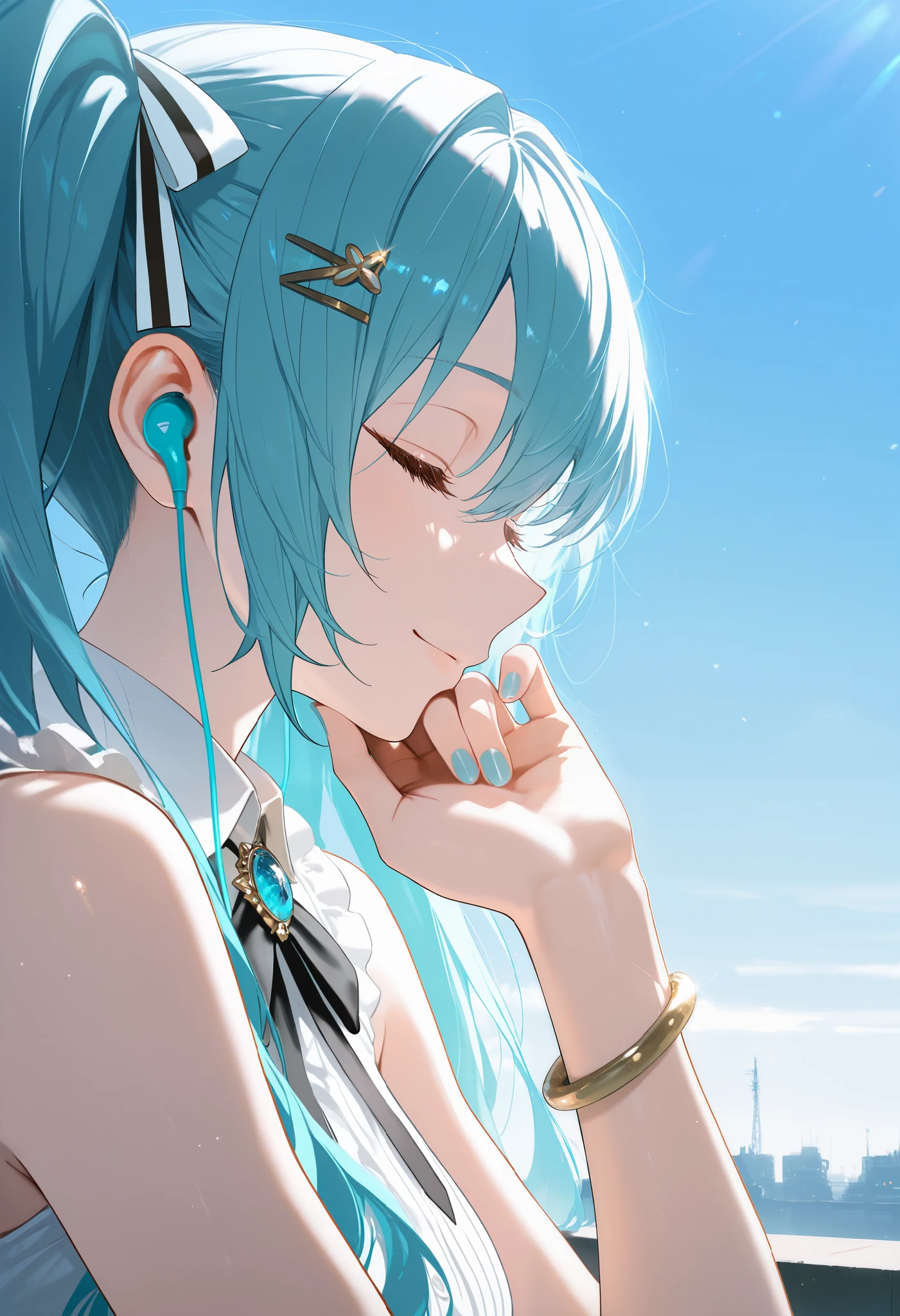 1girl, privaty (nikke), bare shoulders, blue hair, blue nails, blue sky, bracelet, brooch, close-up, closed eyes, closed mouth, day, earbuds, earphones, eyelashes, fingernails, frills, from side, glint, hair between eyes, hair ornament, hairclip, hand on own chin, hands up, head rest, jewelry, light particles, light smile, long eyelashes, long hair, neck ribbon, outdoors, profile, ribbon, shirt, sky, sleeveless, sleeveless shirt, solo, sunlight, twintails, upper body, white ribbon, white shirt, wireless earphones, x hair ornament, masterpiece, best quality, amazing quality, very aesthetic, absurdres, newest, scenery, dim lighting, intricate details, highly detailed, light leaks, beautiful detailed glow, best shadow, cinematic lighting, ray tracing, sidelight