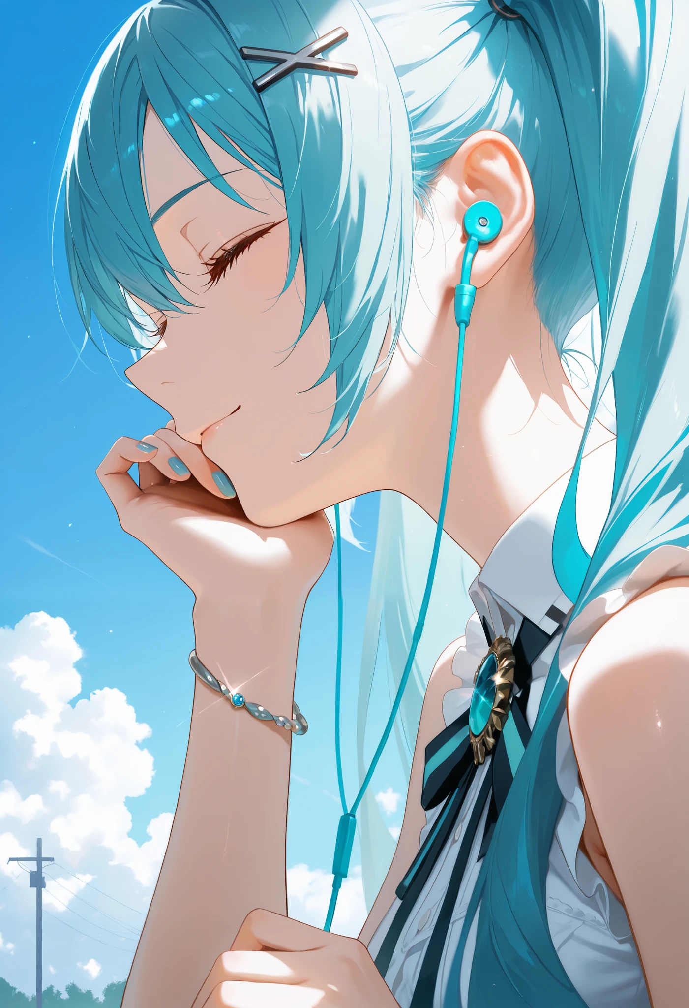 1girl, privaty (nikke), bare shoulders, blue hair, blue nails, blue sky, bracelet, brooch, close-up, closed eyes, closed mouth, day, earbuds, earphones, eyelashes, fingernails, frills, from side, glint, hair between eyes, hair ornament, hairclip, hand on own chin, hands up, head rest, jewelry, light particles, light smile, long eyelashes, long hair, neck ribbon, outdoors, profile, ribbon, shirt, sky, sleeveless, sleeveless shirt, solo, sunlight, twintails, upper body, white ribbon, white shirt, wireless earphones, x hair ornament, masterpiece, best quality, amazing quality, very aesthetic, absurdres, newest, scenery, dim lighting, intricate details, highly detailed, light leaks, beautiful detailed glow, best shadow, cinematic lighting, ray tracing, sidelight