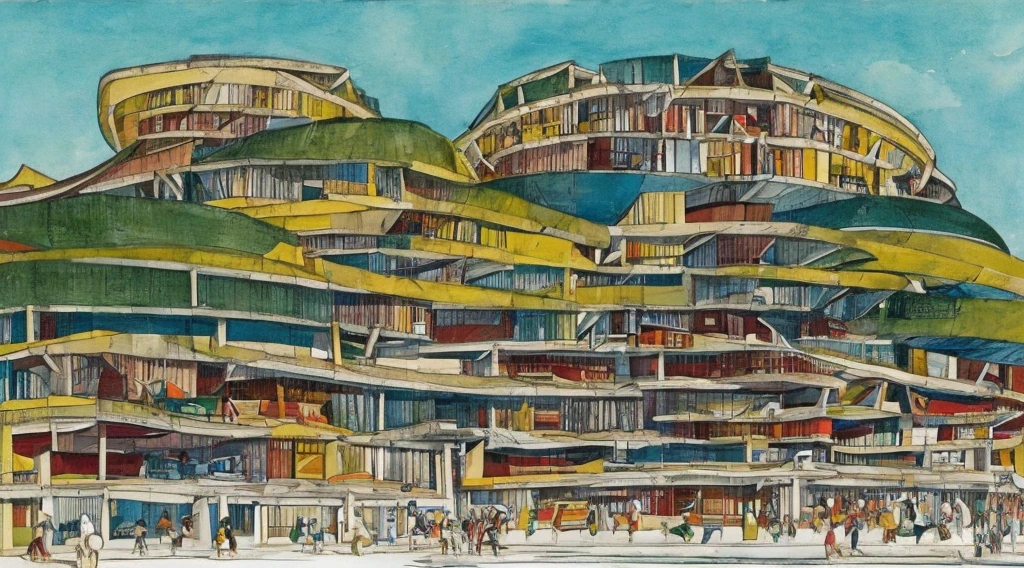 Cartoon of a scene from the Brazilian Übermensch ( Superman), Amazonia, Copacabana in Brazil, an anime movie, by Peter Smithson, Oscar Niemeyer, renzo piano, Richard Rogers, Max Holleran, Charles-Édouard Jeanneret-Gris,  Le Corbusier , Lina Bo Bardidi