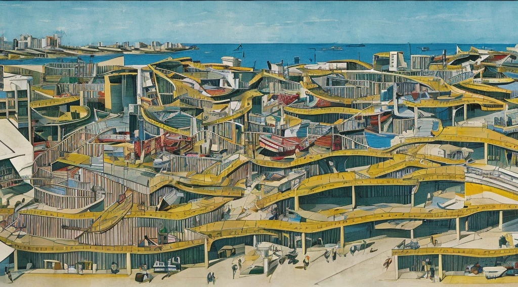 Cartoon of a scene from the Brazilian Übermensch ( Superman), Amazonia, Copacabana in Brazil, an anime movie, by Peter Smithson, Oscar Niemeyer, renzo piano, Richard Rogers, Max Holleran, Charles-Édouard Jeanneret-Gris,  Le Corbusier , Lina Bo Bardidi