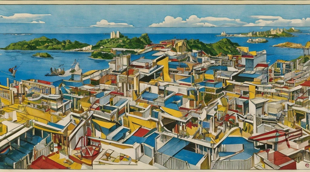 Cartoon of a scene from the Brazilian Übermensch ( Superman), Amazonia, Copacabana in Brazil, an anime movie, by Peter Smithson, Oscar Niemeyer, renzo piano, Richard Rogers, Max Holleran, Charles-Édouard Jeanneret-Gris,  Le Corbusier , Lina Bo Bardidi