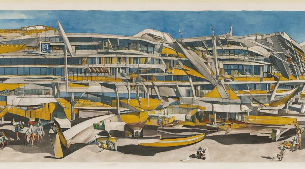 Cartoon of a scene from the Brazilian Übermensch ( Superman), Amazonia, Copacabana in Brazil, an anime movie, by Peter Smithson, Oscar Niemeyer, renzo piano, Richard Rogers, Max Holleran, Charles-Édouard Jeanneret-Gris,  Le Corbusier , Lina Bo Bardidi