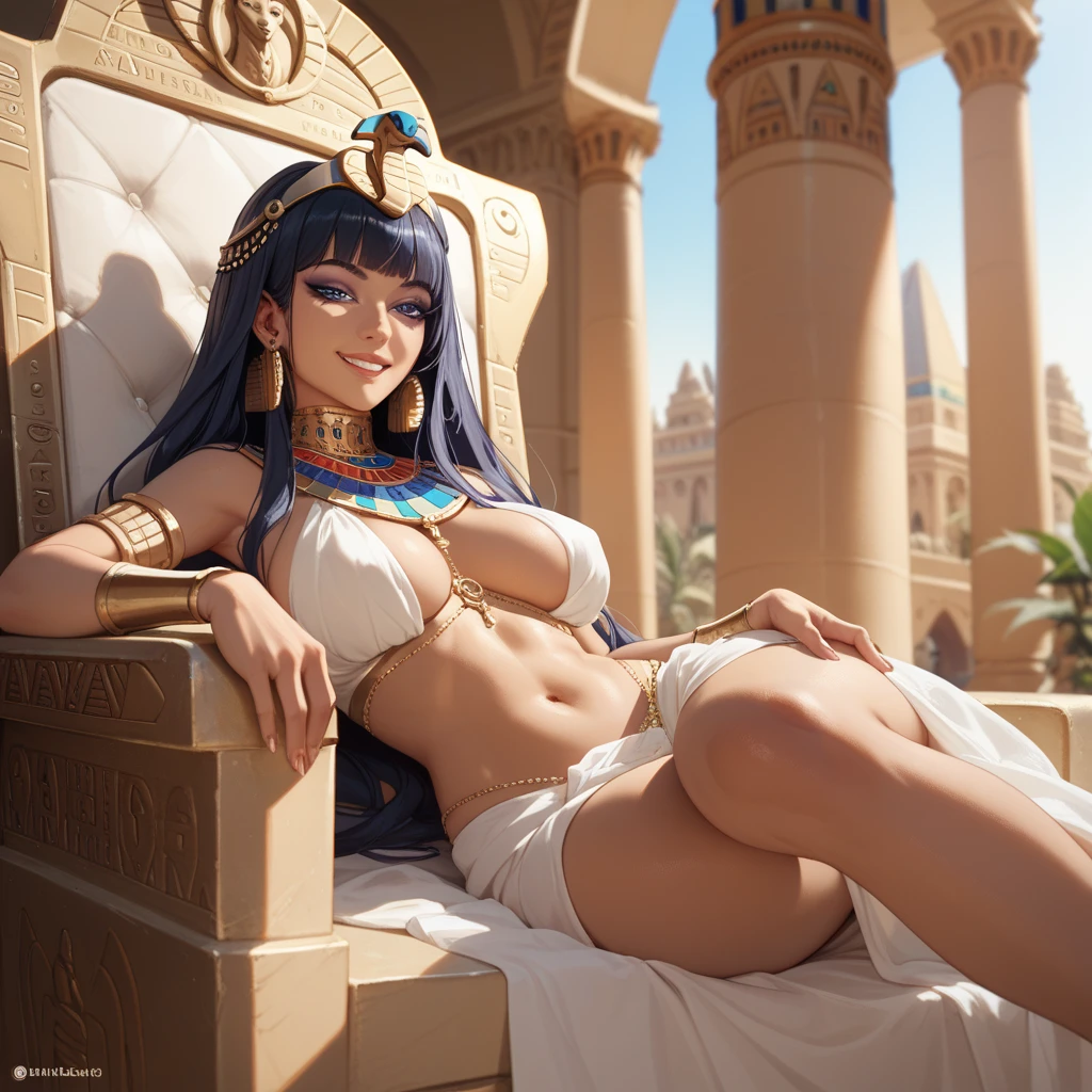 Déesse Egyptienne, Bastet, Toge Blanche, Jewel Dorée, oreilles de chat, Dark and Purple hair, Curved long hair, , belle poitrine,clivage, Charismatic character, In front of a pyramid, Avatar de seconde vie, Nice screenshot, Femme seduisante vue complète du corps, High quality, very detailed skin,