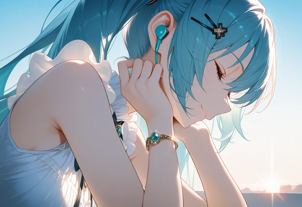 1girl, privaty (nikke), bare shoulders, blue hair, blue nails, blue sky, bracelet, brooch, close-up, closed eyes, closed mouth, day, earbuds, earphones, eyelashes, fingernails, frills, from side, glint, hair between eyes, hair ornament, hairclip, hand on own chin, hands up, head rest, jewelry, light particles, light smile, long eyelashes, long hair, neck ribbon, outdoors, profile, ribbon, shirt, sky, sleeveless, sleeveless shirt, solo, sunlight, twintails, upper body, white ribbon, white shirt, wireless earphones, x hair ornament, masterpiece, best quality, amazing quality, very aesthetic, absurdres, newest, scenery, dim lighting, intricate details, highly detailed, light leaks, beautiful detailed glow, best shadow, cinematic lighting, ray tracing, sidelight