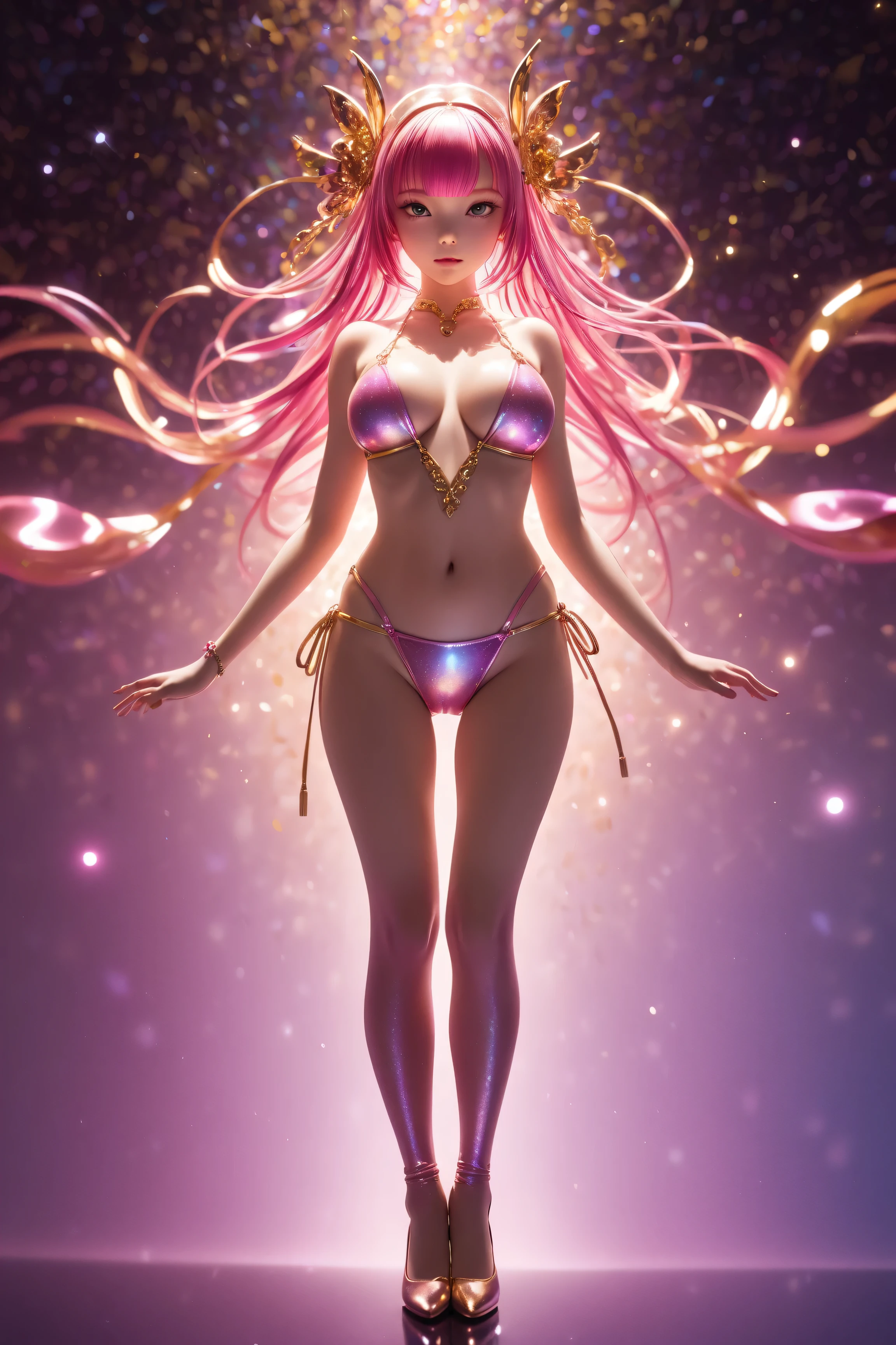 {{{{amazing quality, great quality, high quality, very aesthetic, aesthetic, best quality}}}},
realistic, photo, shadow, Three-dimensional, absurdres, Digital art,
{{{{Princess Knight}}}}, beautiful girl, one girl,
blonde hair, long straight hair, hair, trimmed hair, shiny hair, blunt bangs, short sideburns,
green eyes, tareme,
{{flat chest}}, {{small }}, {{detailed body}}, slim thighs, thin thighs,
{transparent pink tentacles bikini armor}, {golden arm armor}, {golden leg armor},
{covered navel}, {visible chest}, {both shoulders expose},
heart brooch, heart-shaped choker on left arm, white headband, white circlet, white cloak, sword, Multiple transparent pink tentacles clings to the girl's chest, Multiple transparent pink tentacles clings to the girl's crotch, A girl wear multiple transparent pink tentacles, Completely nude, hnaked,