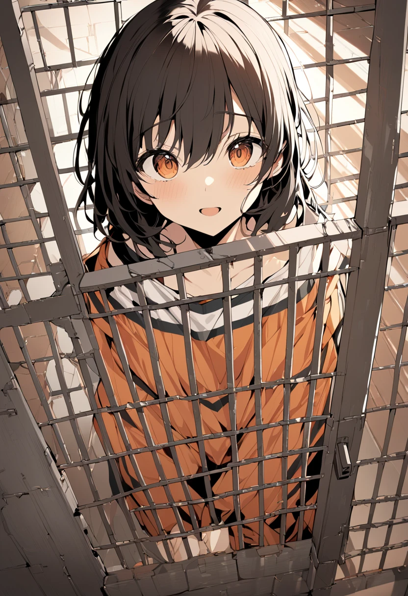 Anime,In a cage,whole body,happy smile, Sticking out tongue,Binding band,handcuffs,Hands bound by handcuffs from above,Sweating profusely, wet clothes,Limb restraint,Large chest,Bound,Chara ,canon ,fanon ,green striped sweater ,shorts ,red eyes ,brown hair ,short hair ,barefoot, Green thong ,blush ,locket ,scoop neck,Leg rings, ankle shackles, chains,collared ,saliva,squatting,spread legs apartwhite jacket,Collar,Opening on the clothes,show back muscles,Showcasing abdominal ,Sexy muscles,Muscles, abdominal muscles,toes,Floor tiles,Iron chains